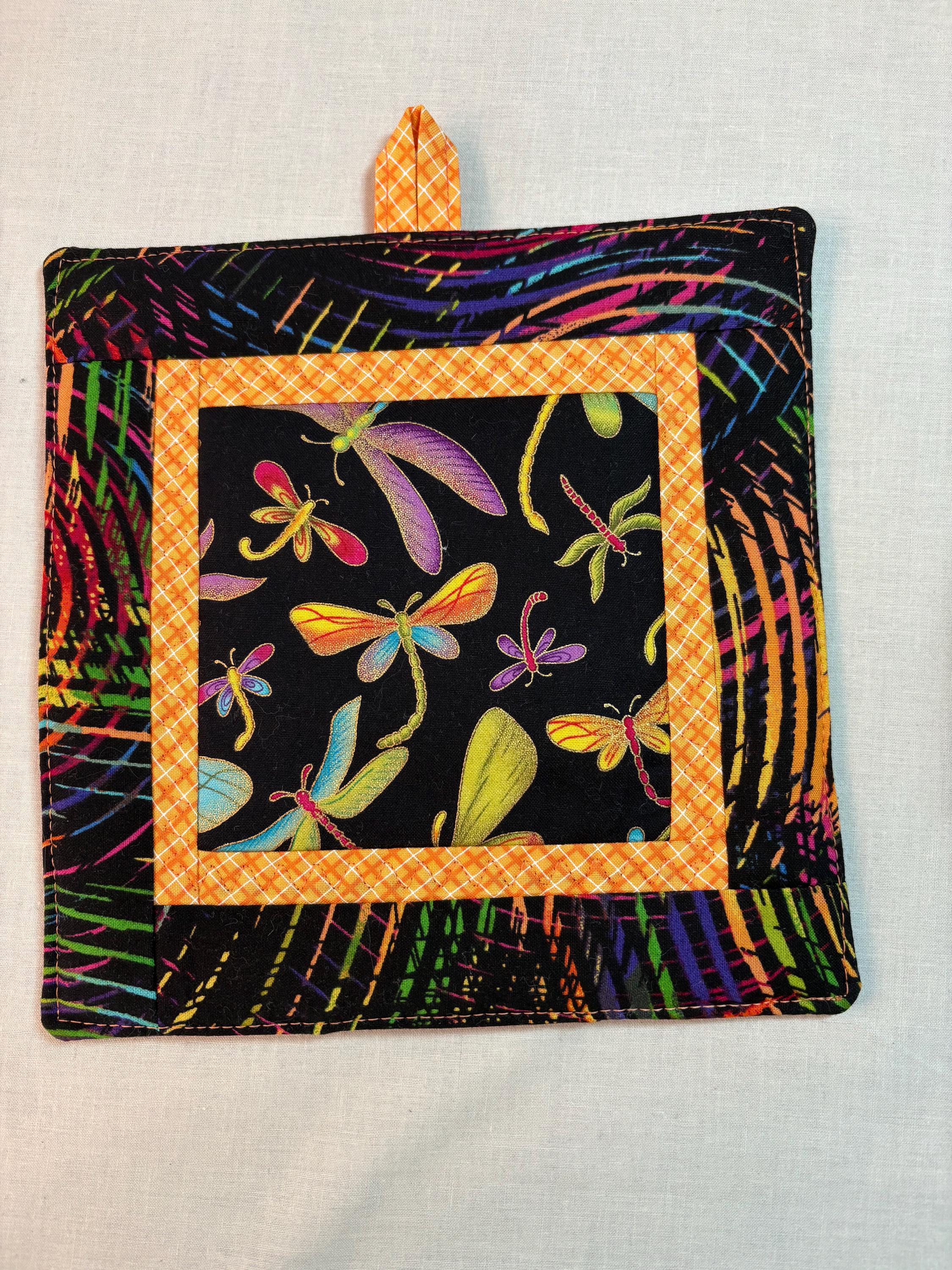 Single Dragonfly potholder, 8” homemade quilted