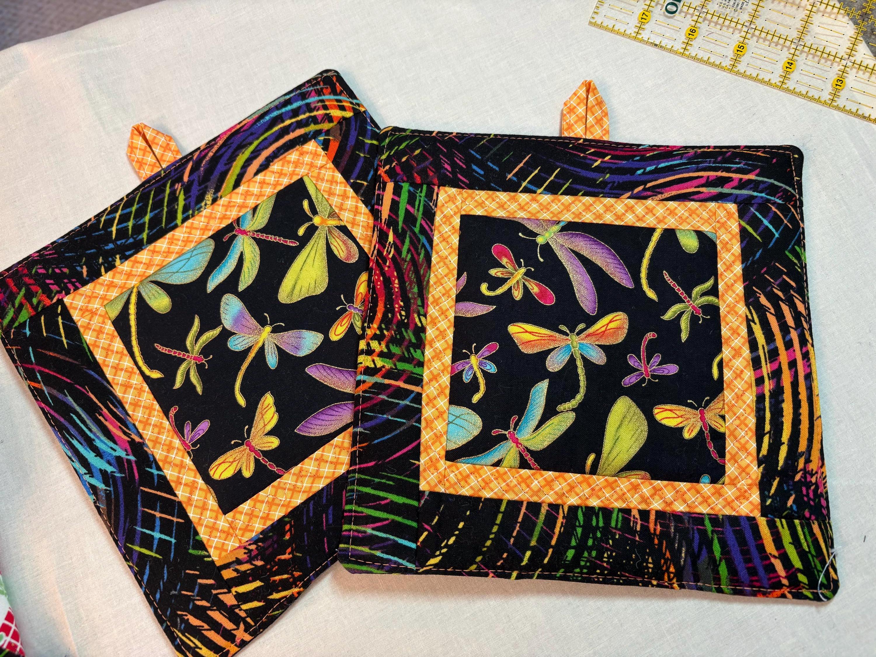 Single Dragonfly potholder, 8” homemade quilted view 2