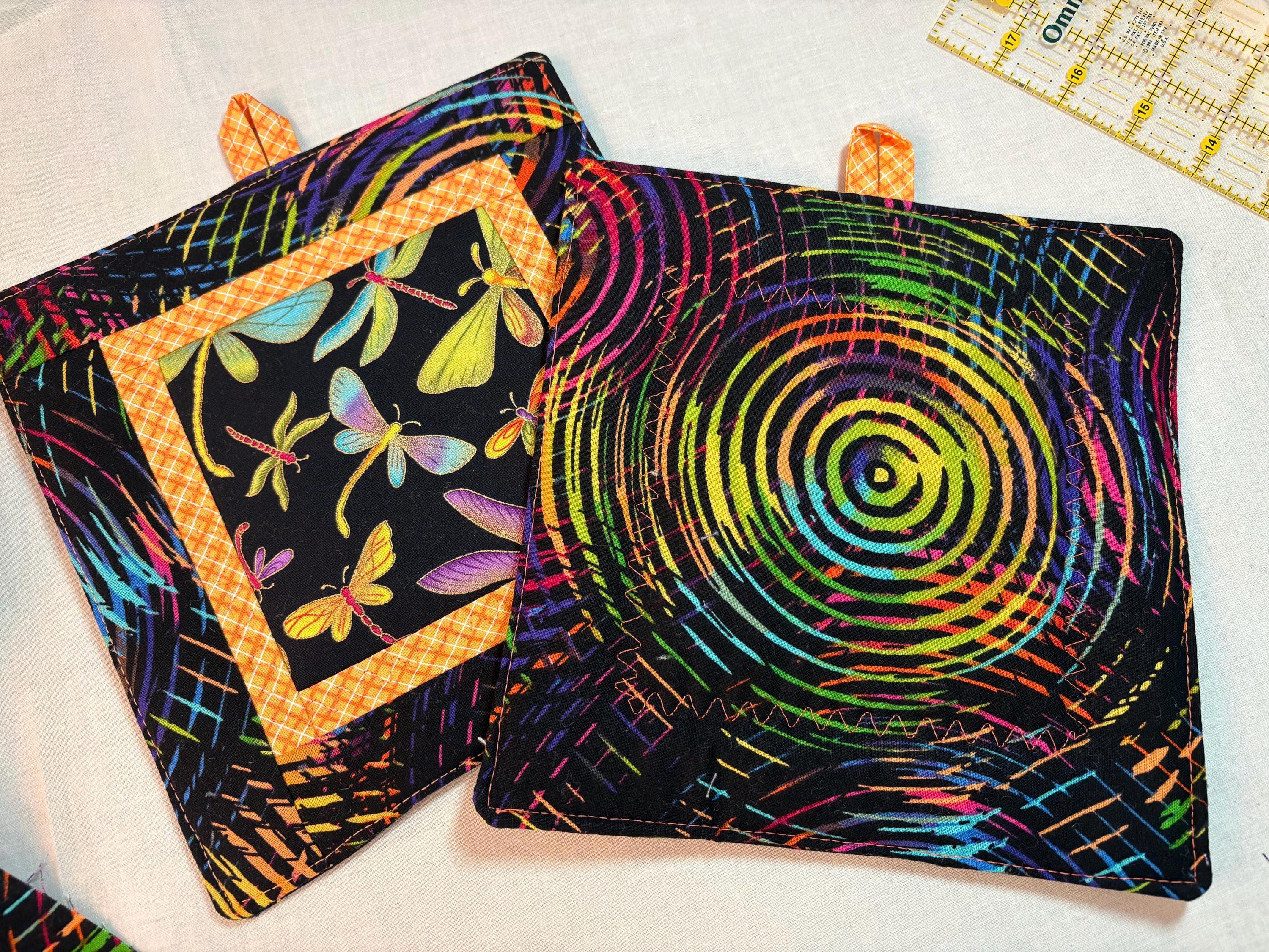 Single Dragonfly potholder, 8” homemade quilted view 5