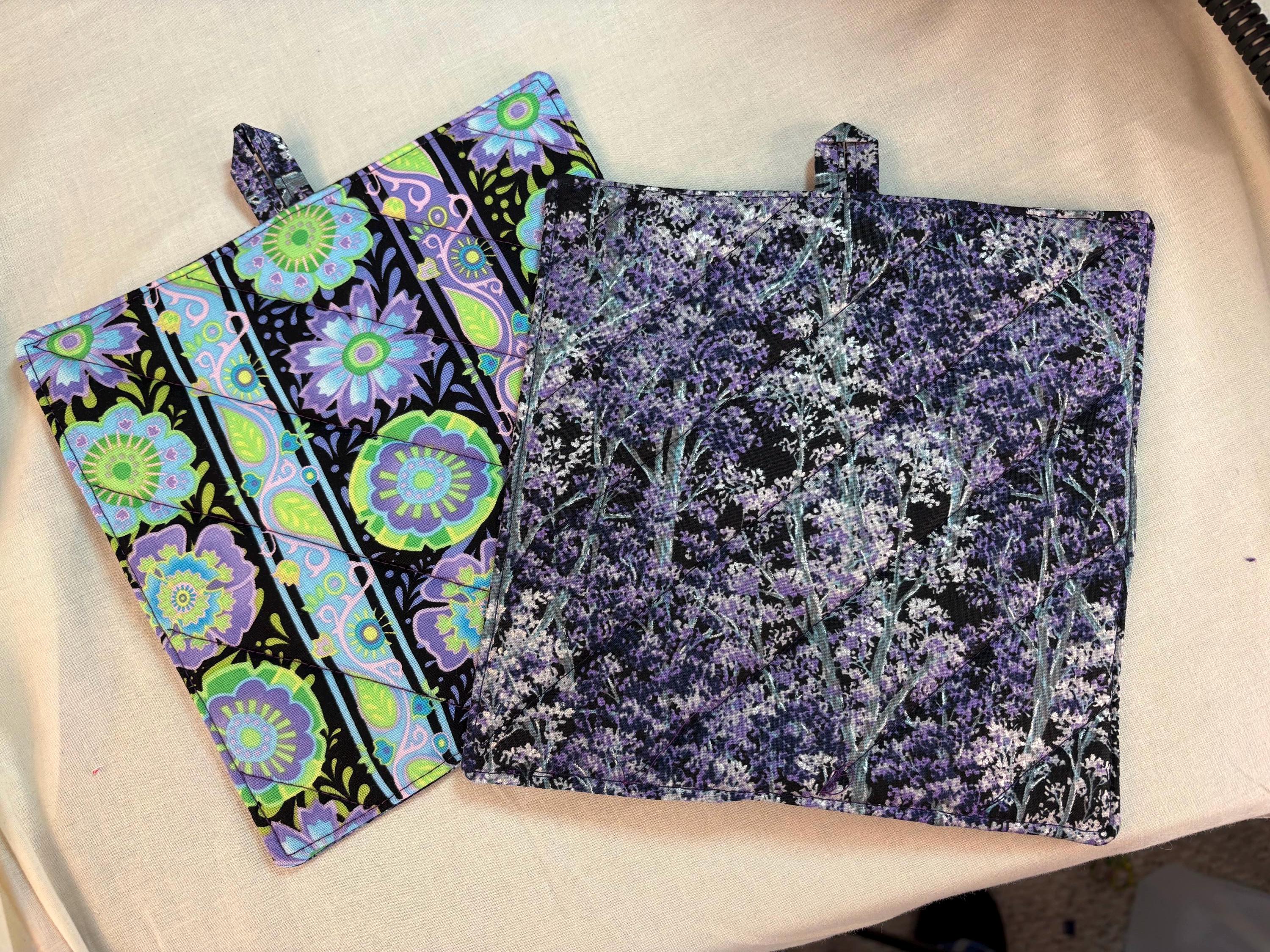 Pair of purple potholders, 8” homemade quilted