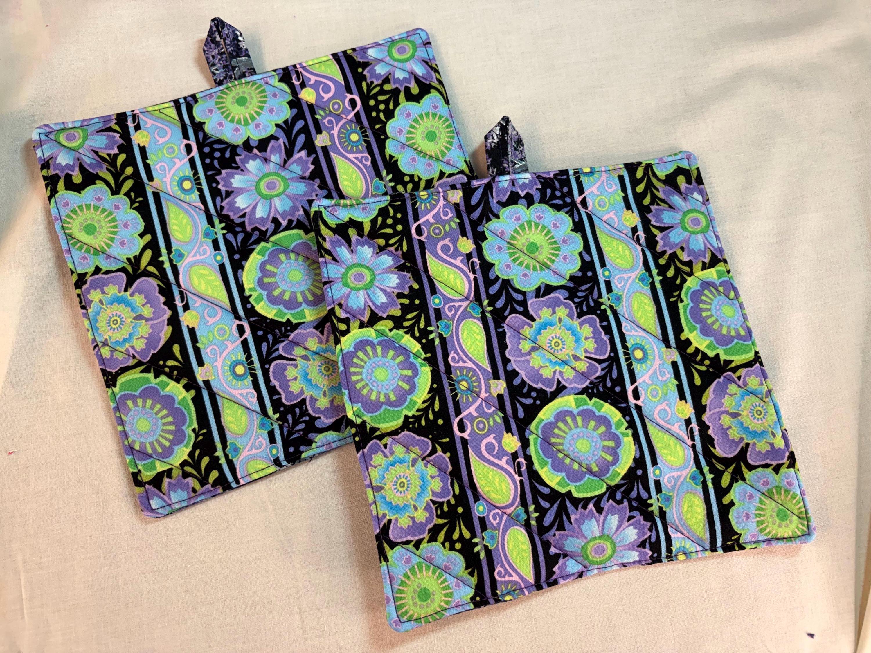 Pair of purple potholders, 8” homemade quilted view 2