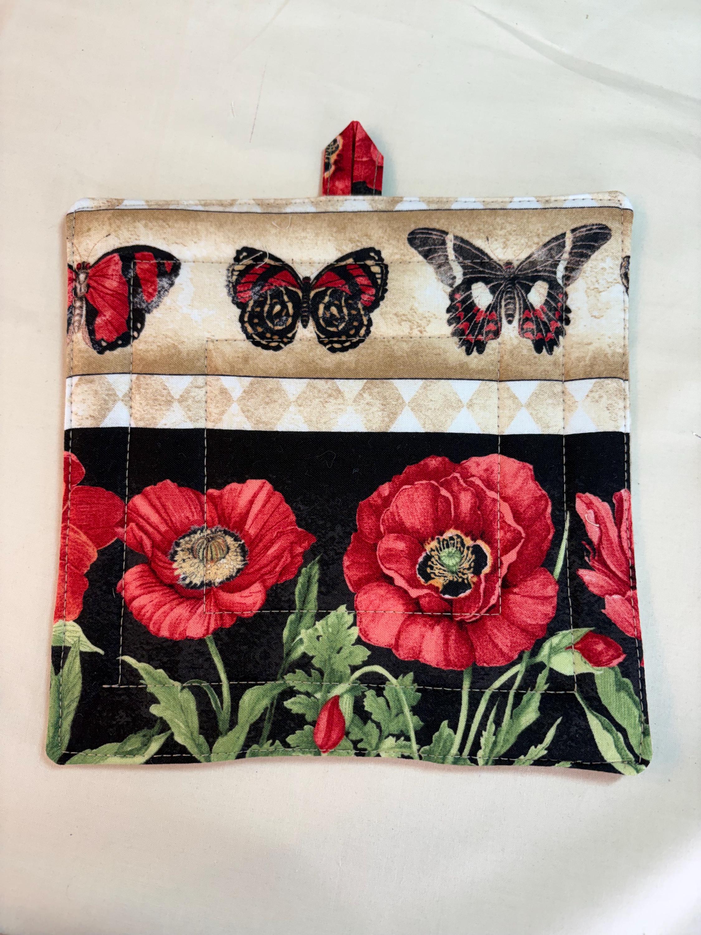 Single Poppy potholder 8” homemade quilted gift