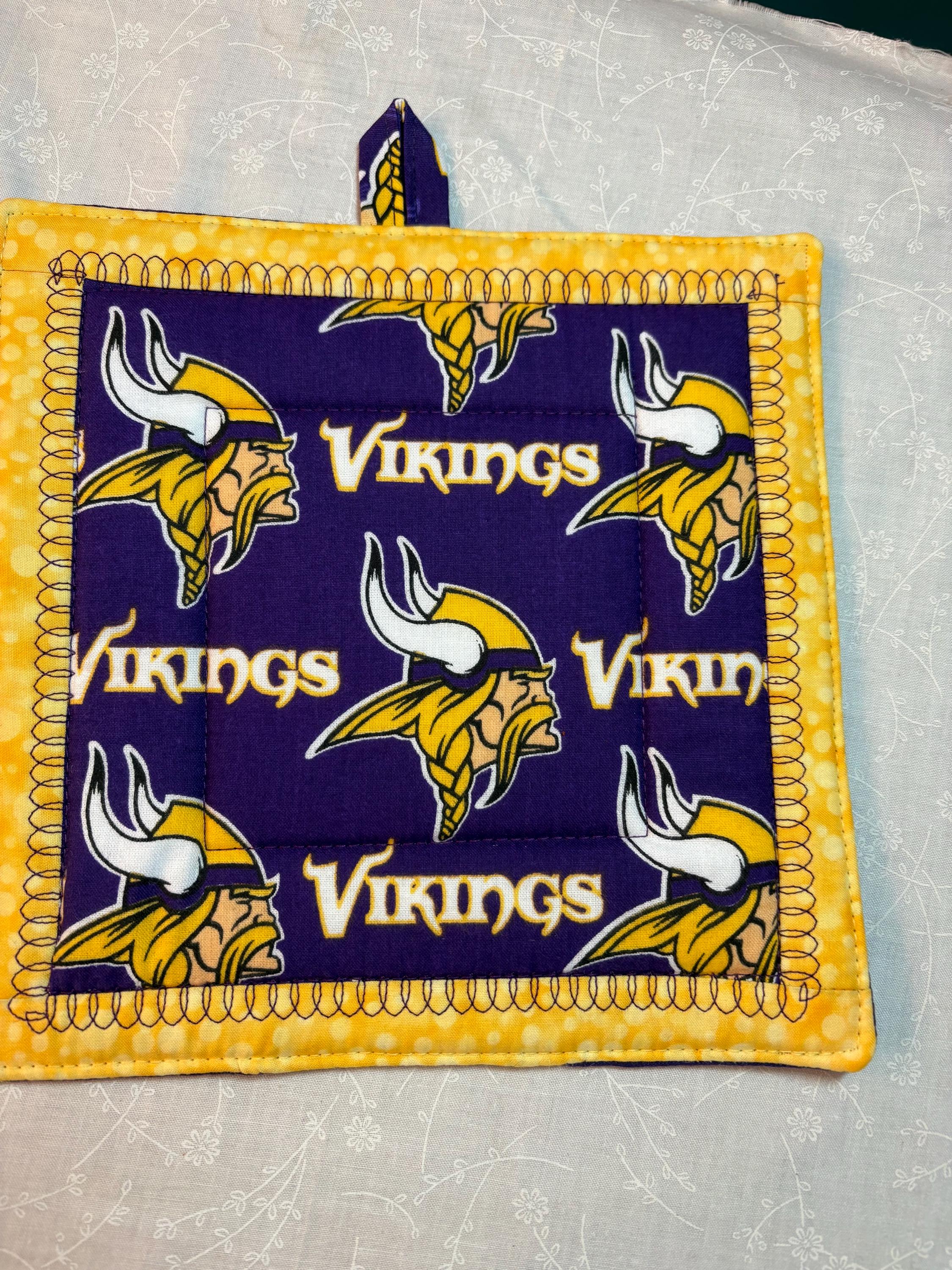 Made in Minnesota Pair MN Vikings football potholders 8.25” homemade quilted gift view 2