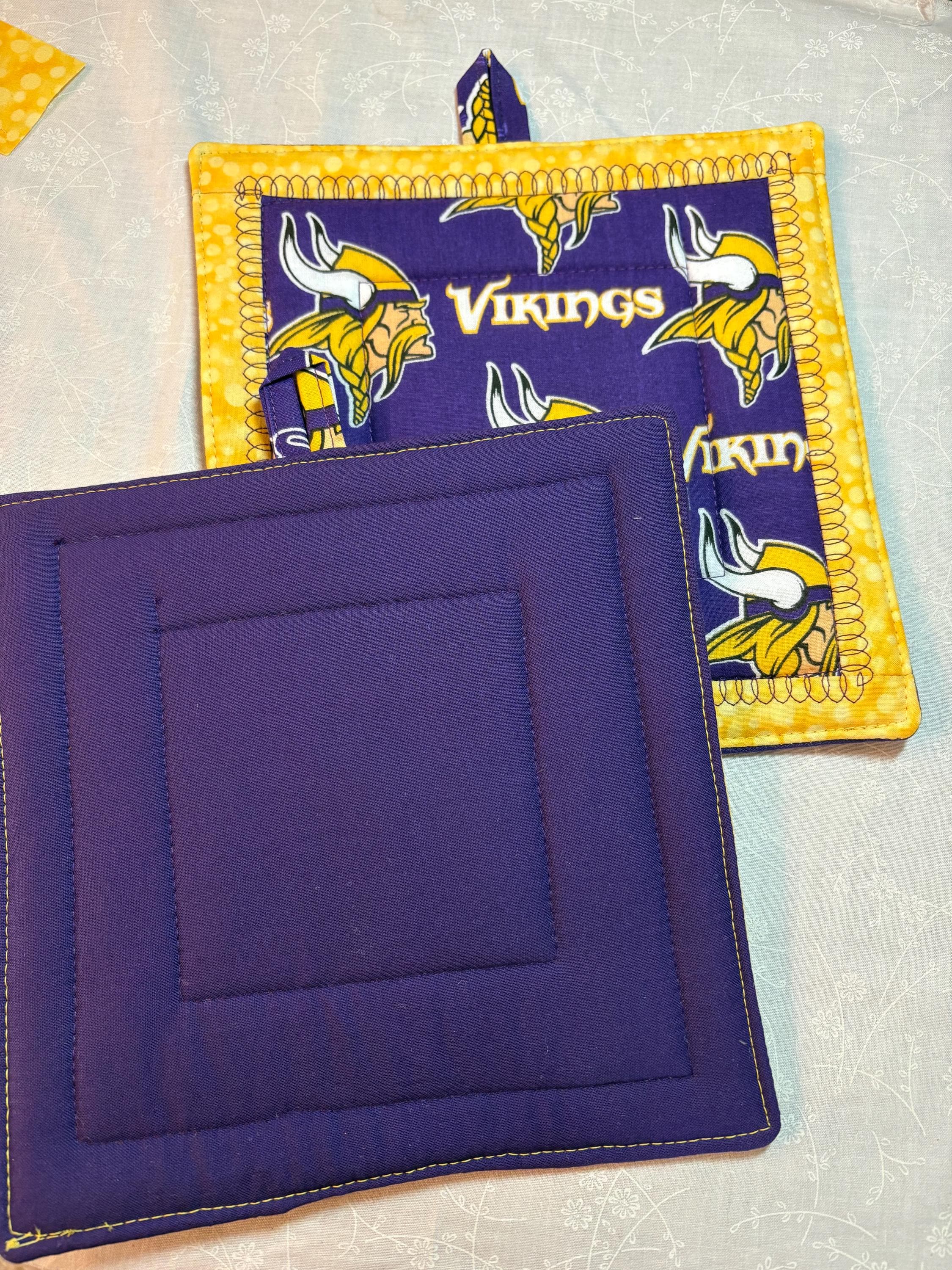 Made in Minnesota Pair MN Vikings football potholders 8.25” homemade quilted gift view 4