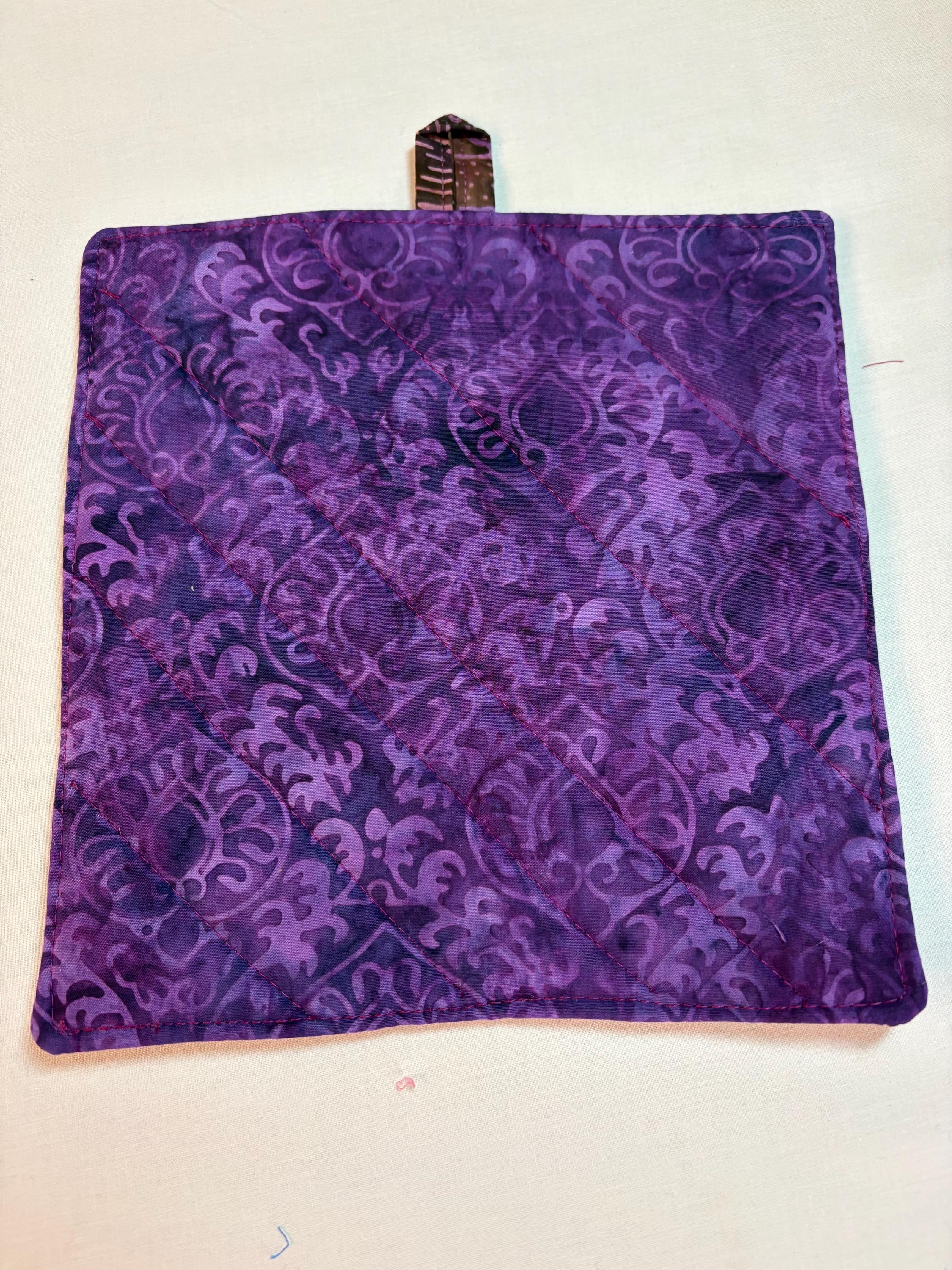 Pair of Scrappy purple Batik potholders, 8” homemade quilted view 2