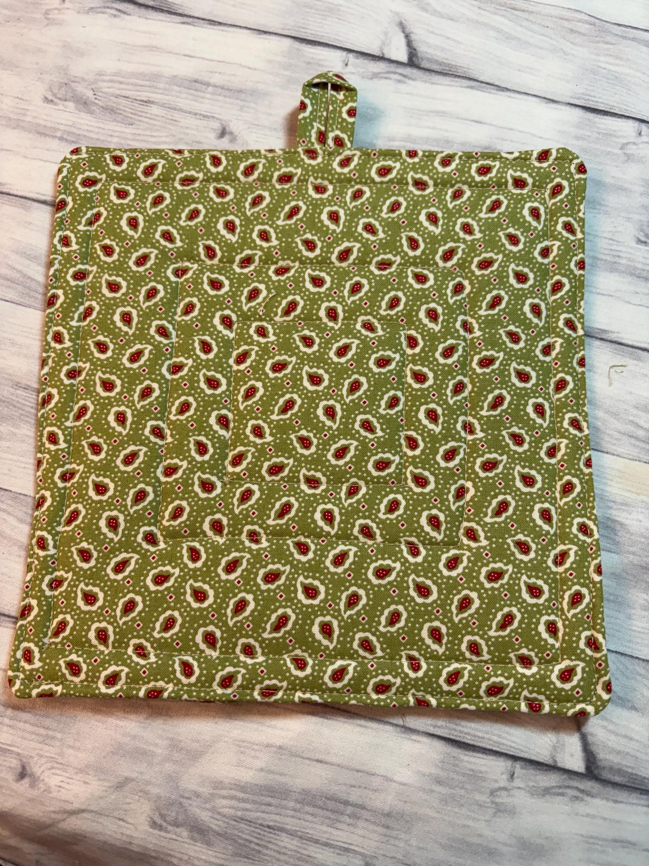 Single vintage cherry fabric potholder, 8.25” homemade quilted view 2