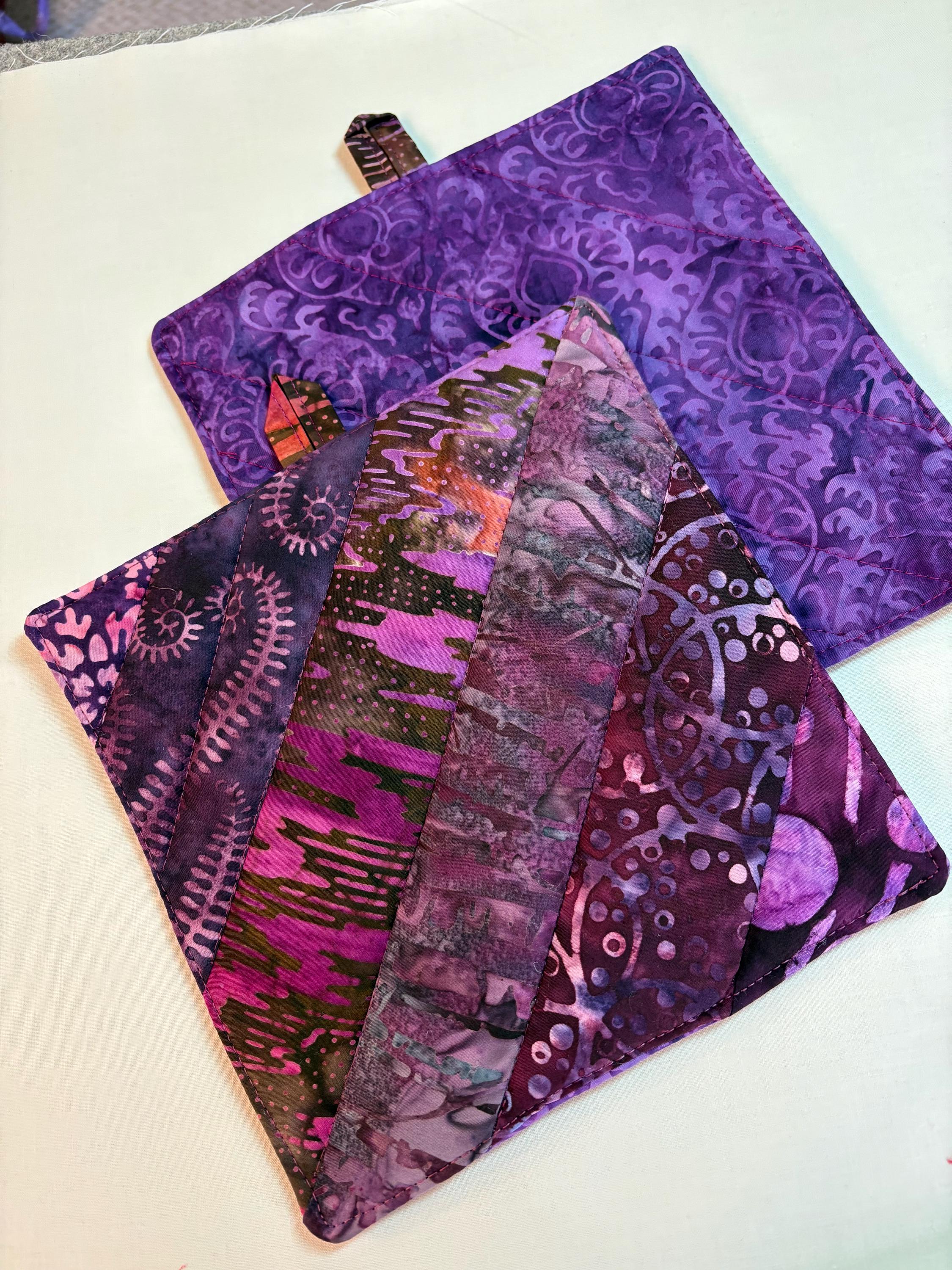 Pair of Scrappy purple Batik potholders, 8” homemade quilted view 3