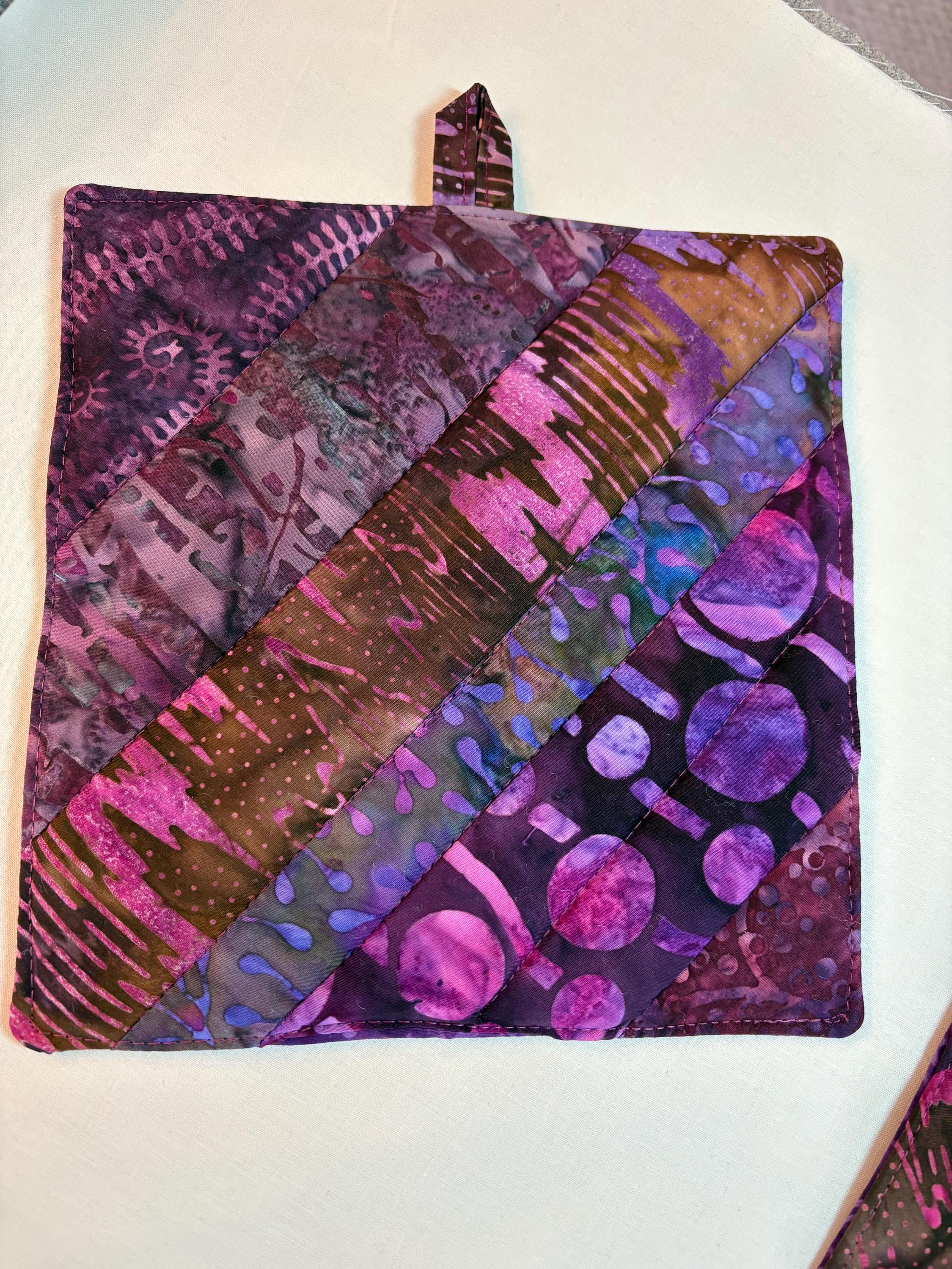 Pair of Scrappy purple Batik potholders, 8” homemade quilted view 4
