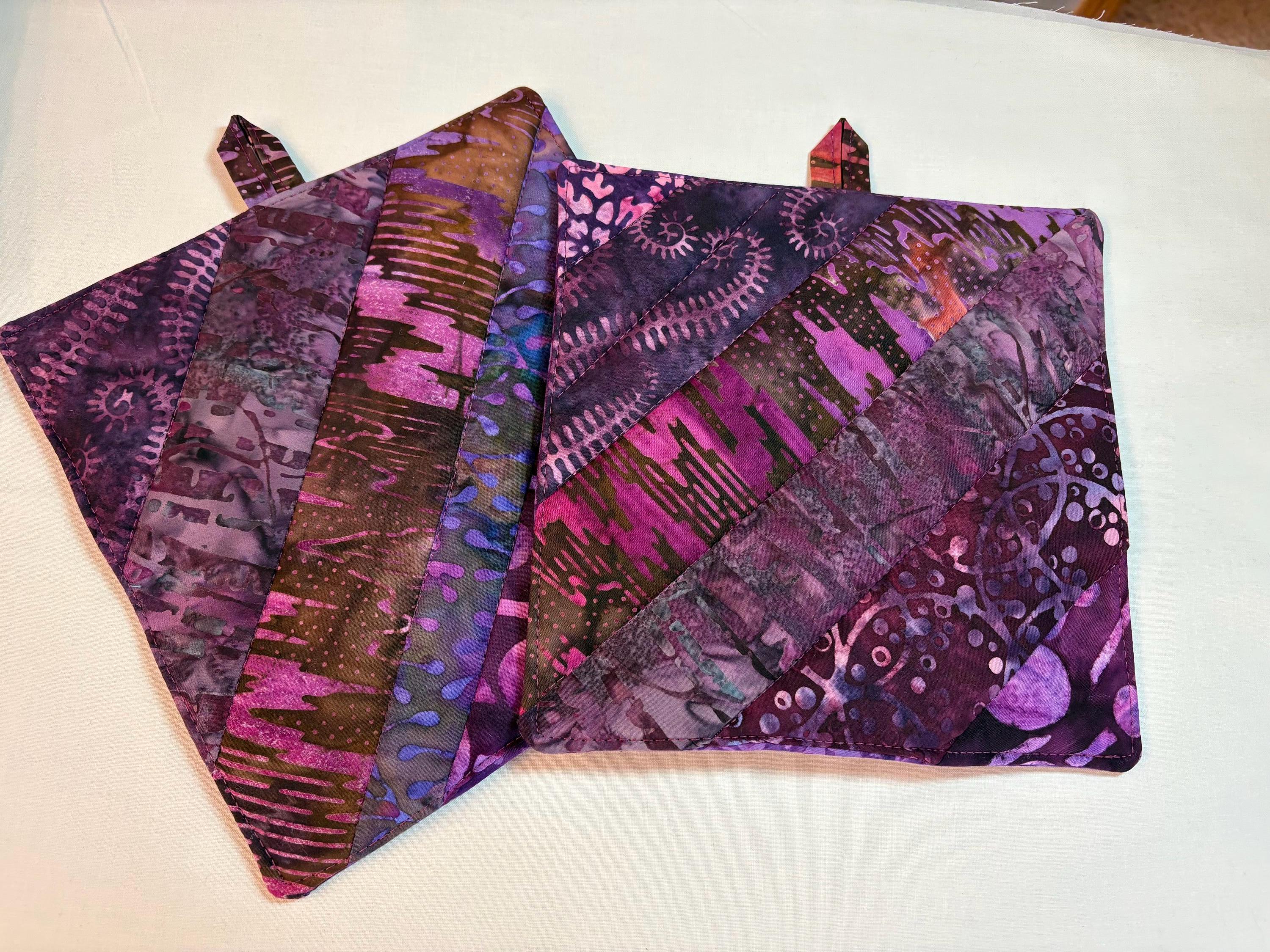 Pair of Scrappy purple Batik potholders, 8” homemade quilted view 5