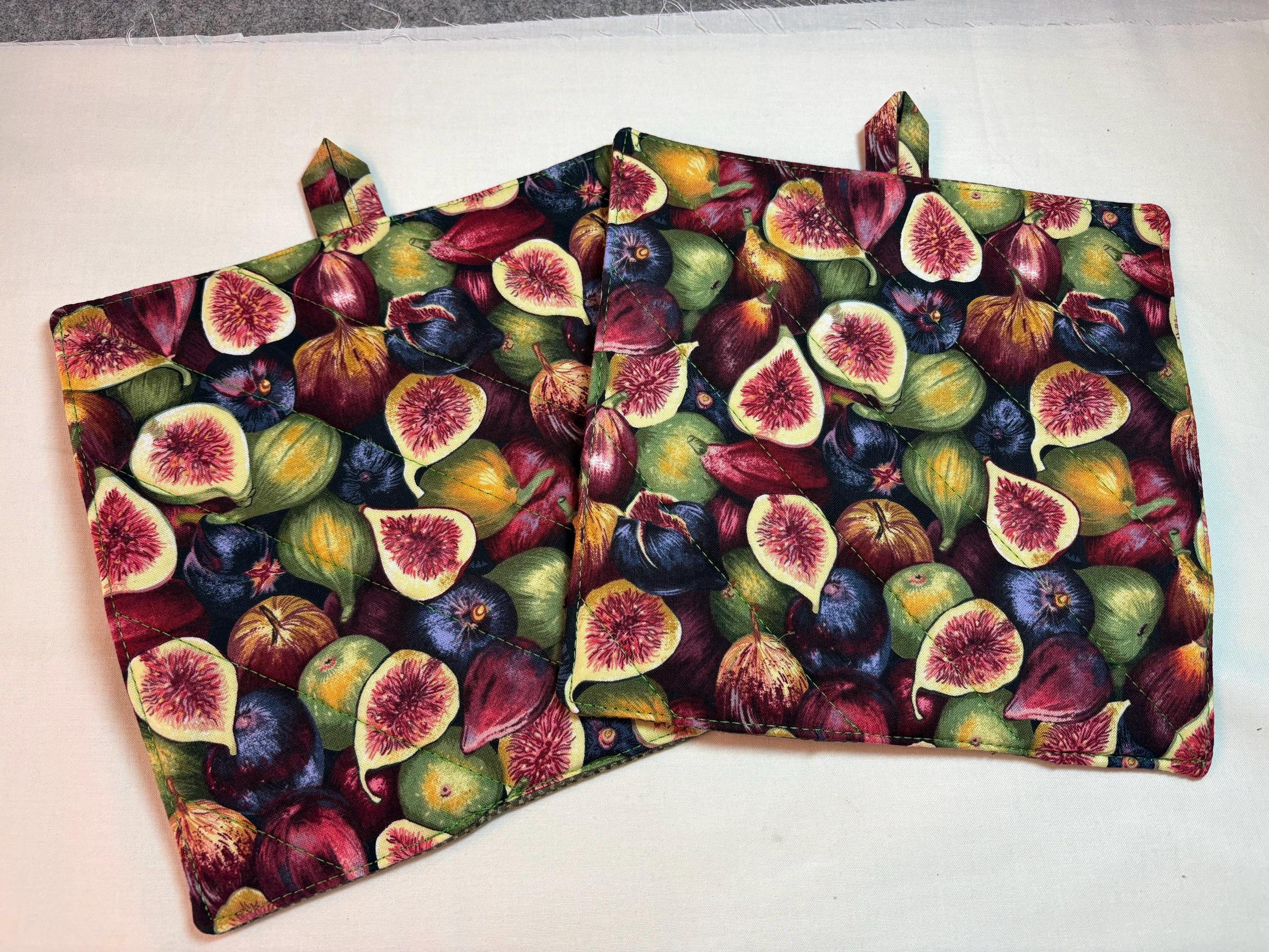 Pair Fig potholders 8.25” homemade quilted gift