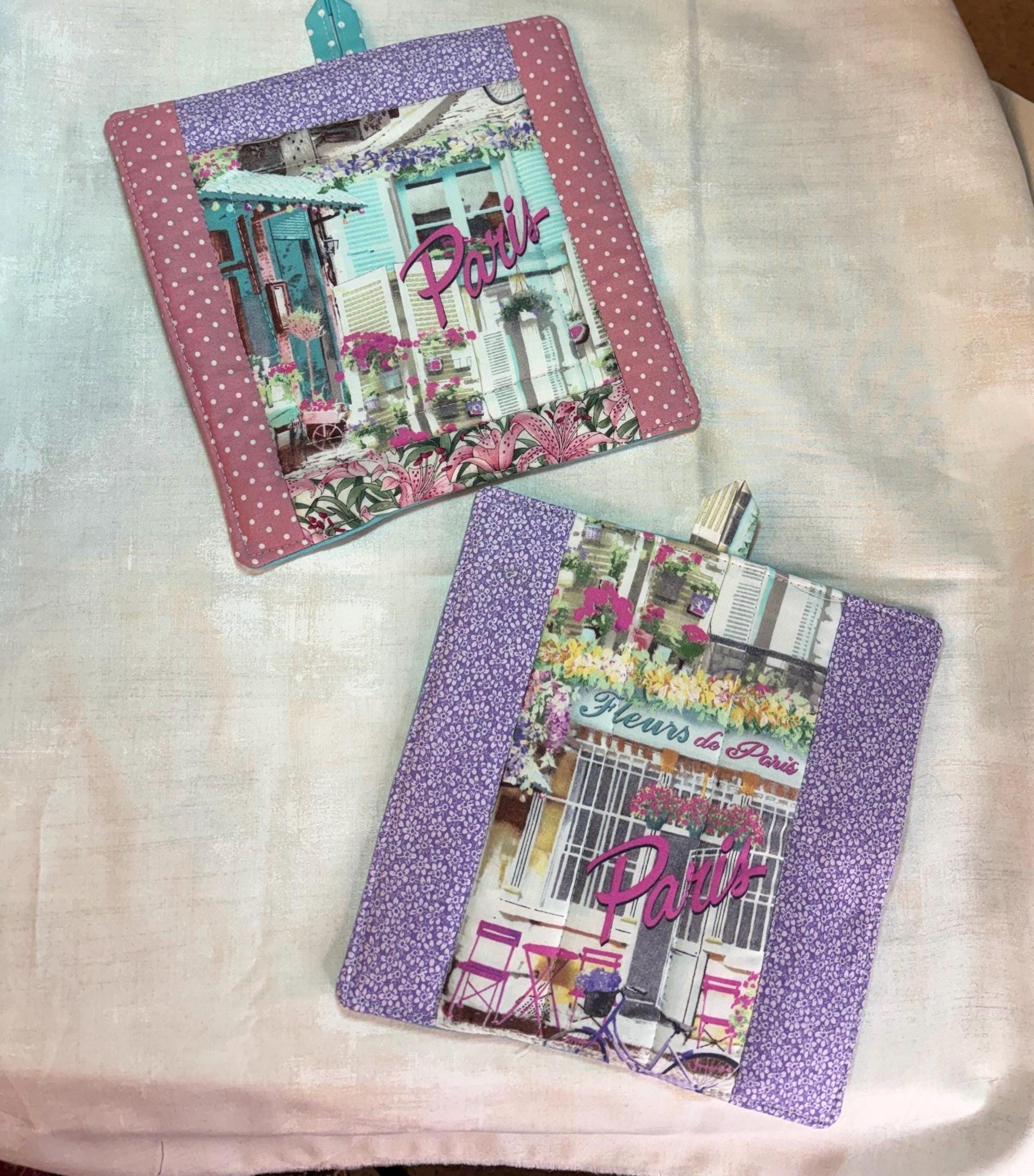 Pair Paris potholders 8.25” homemade quilted gift