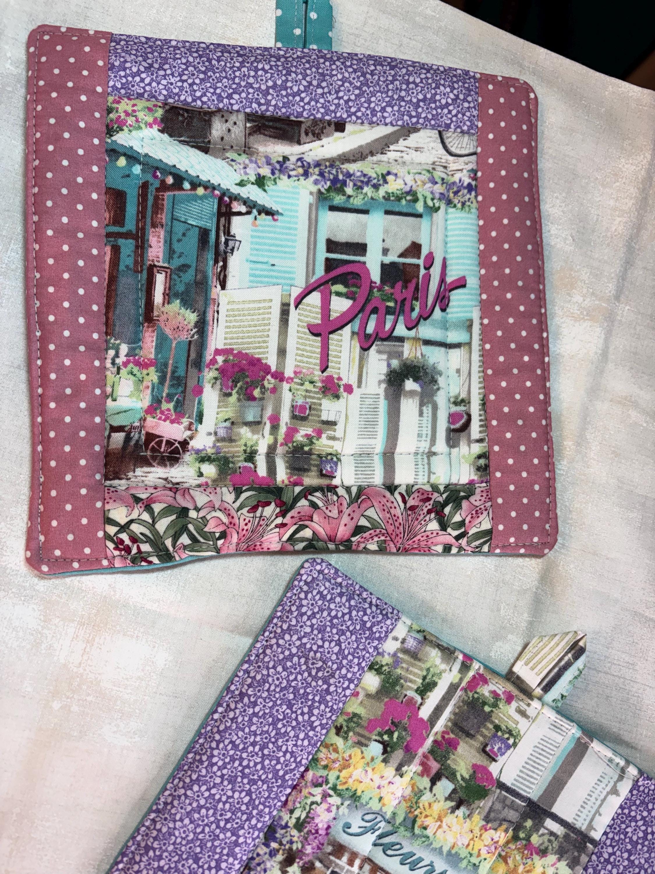 Pair Paris potholders 8.25” homemade quilted gift view 3