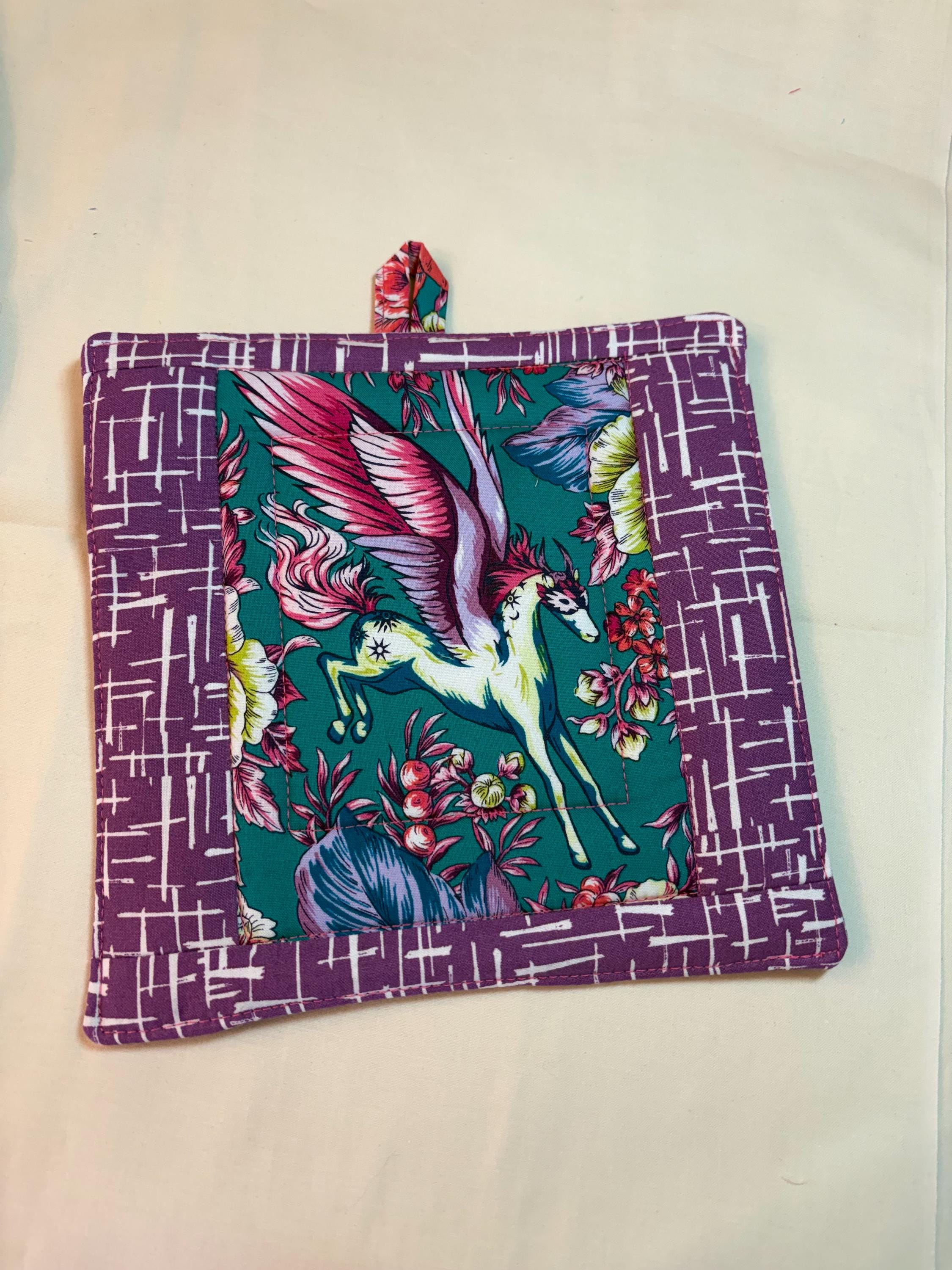 Single Mythical winged horse potholder, 8.25” homemade quilted Fantasy