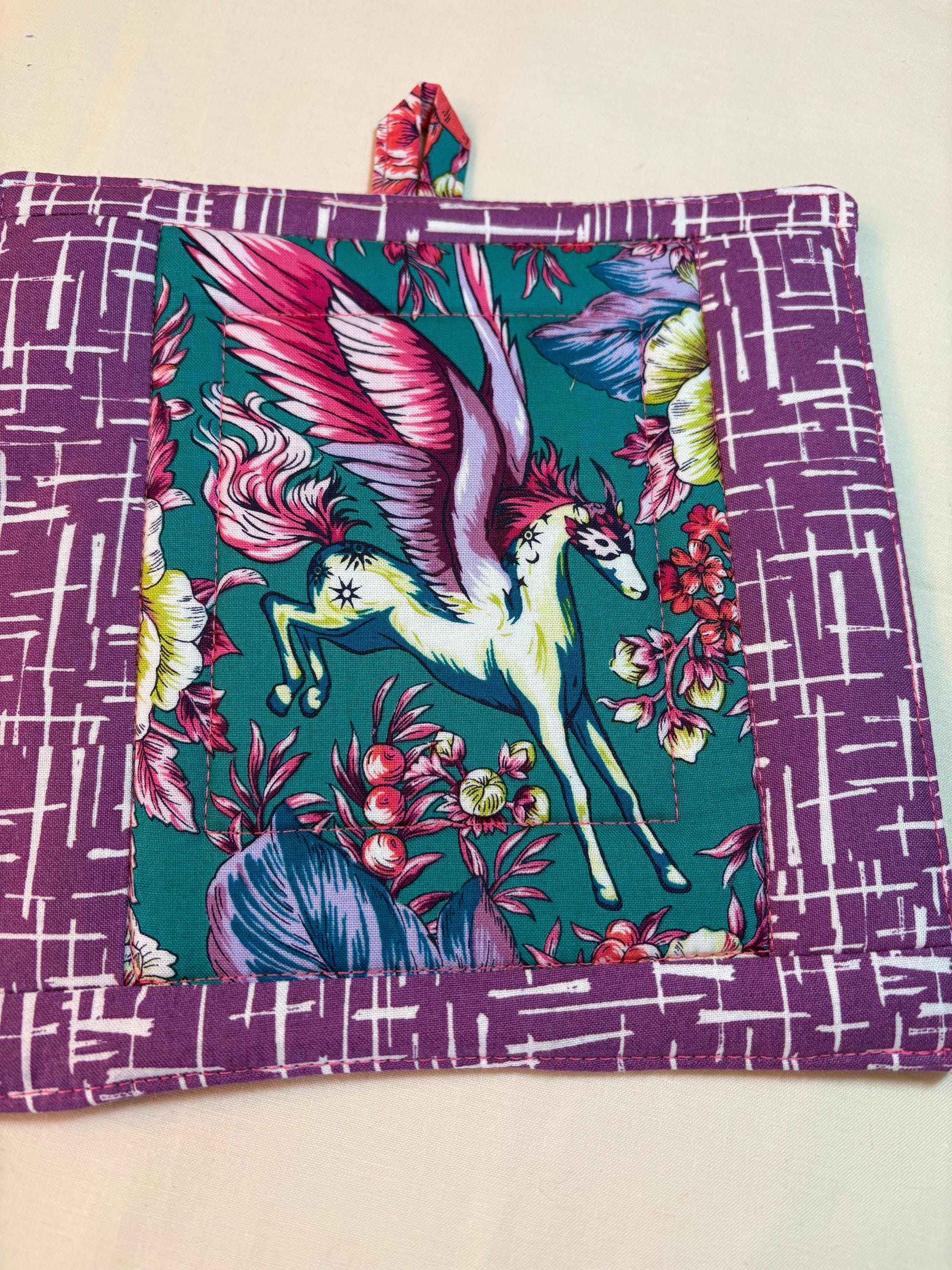 Single Mythical winged horse potholder, 8.25” homemade quilted Fantasy view 3