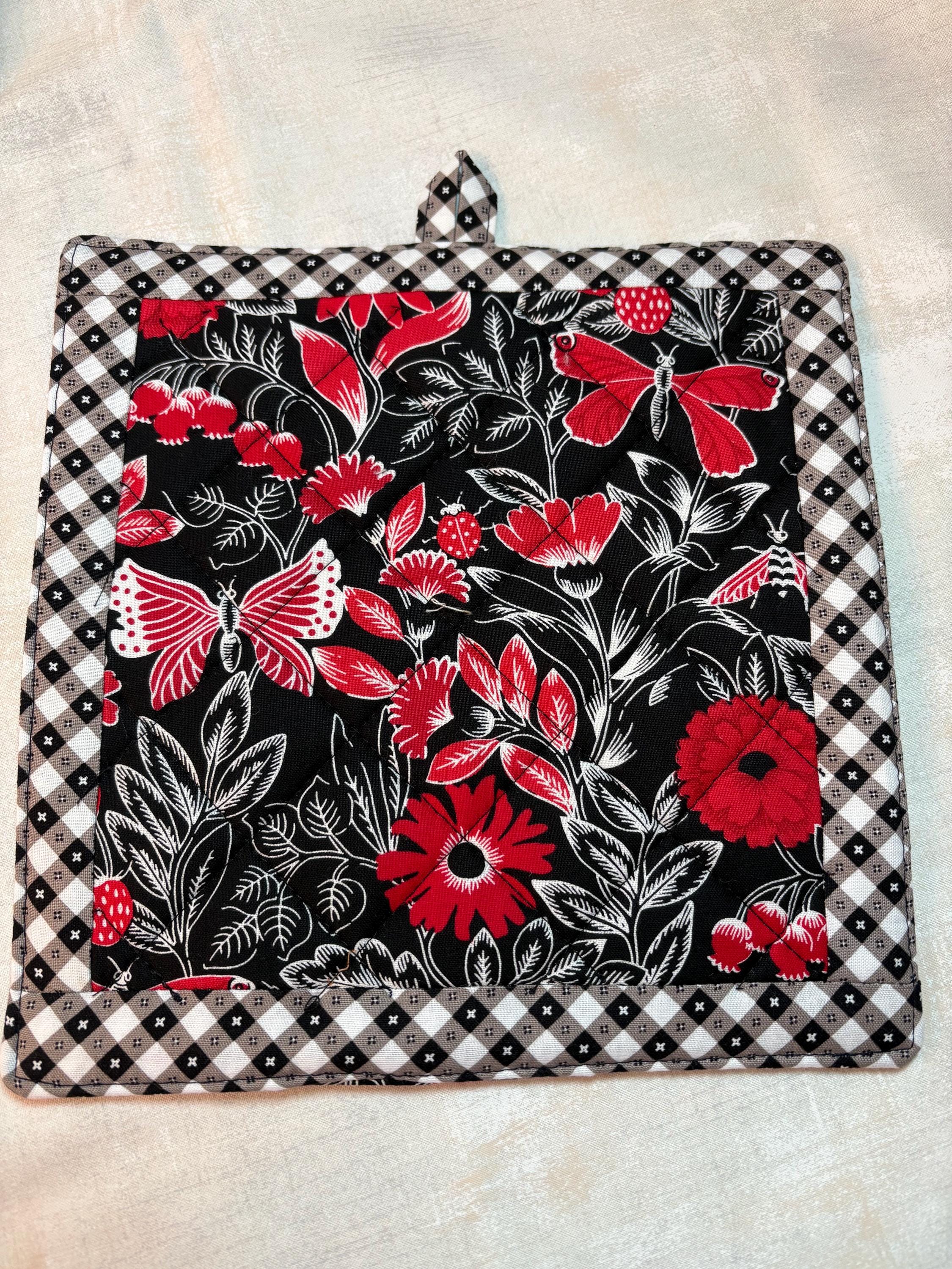 Large Single butterfly gingham red white black potholder, 8.75” homemade quilted