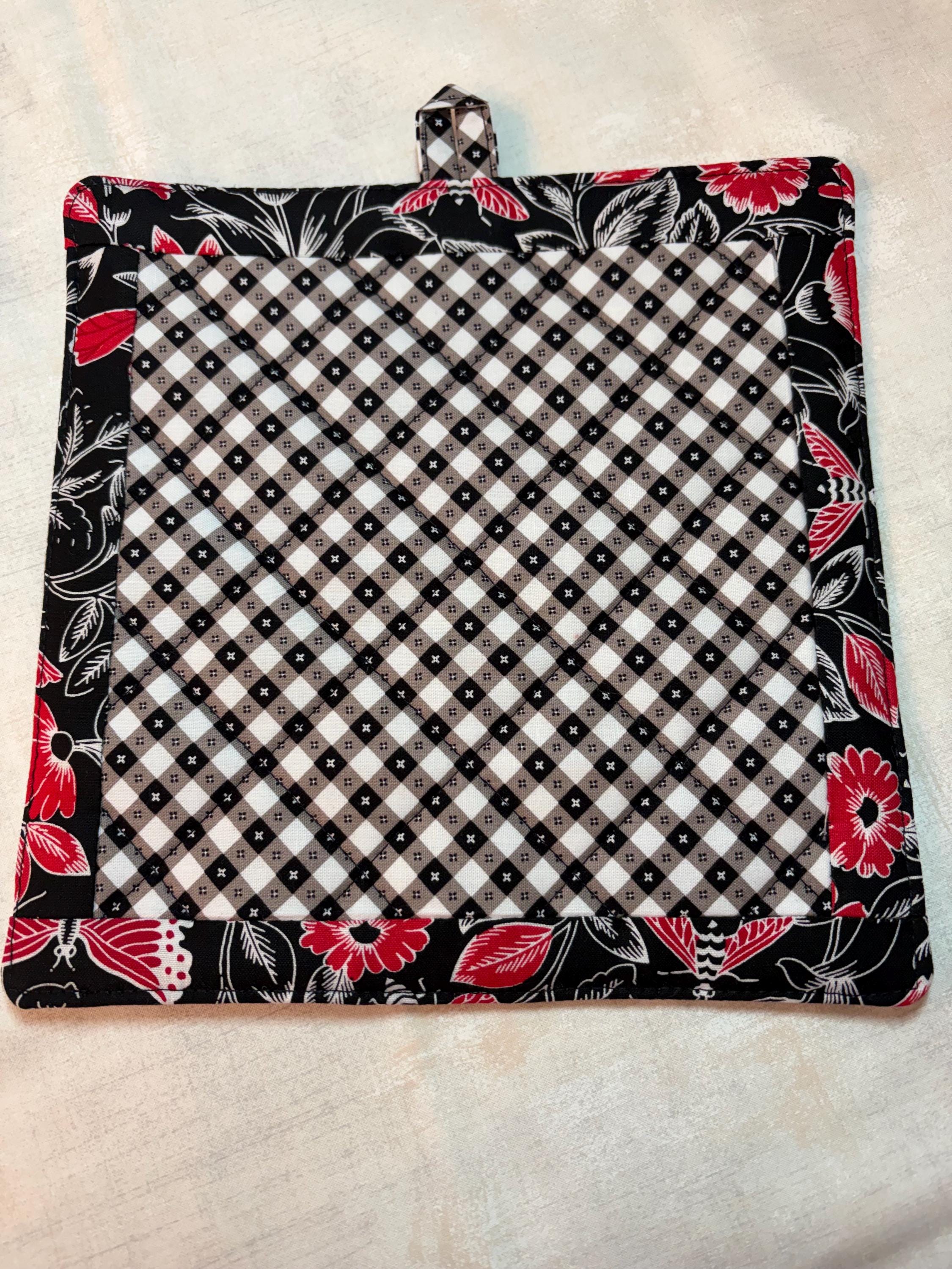 Large Single butterfly gingham red white black potholder, 8.75” homemade quilted view 2