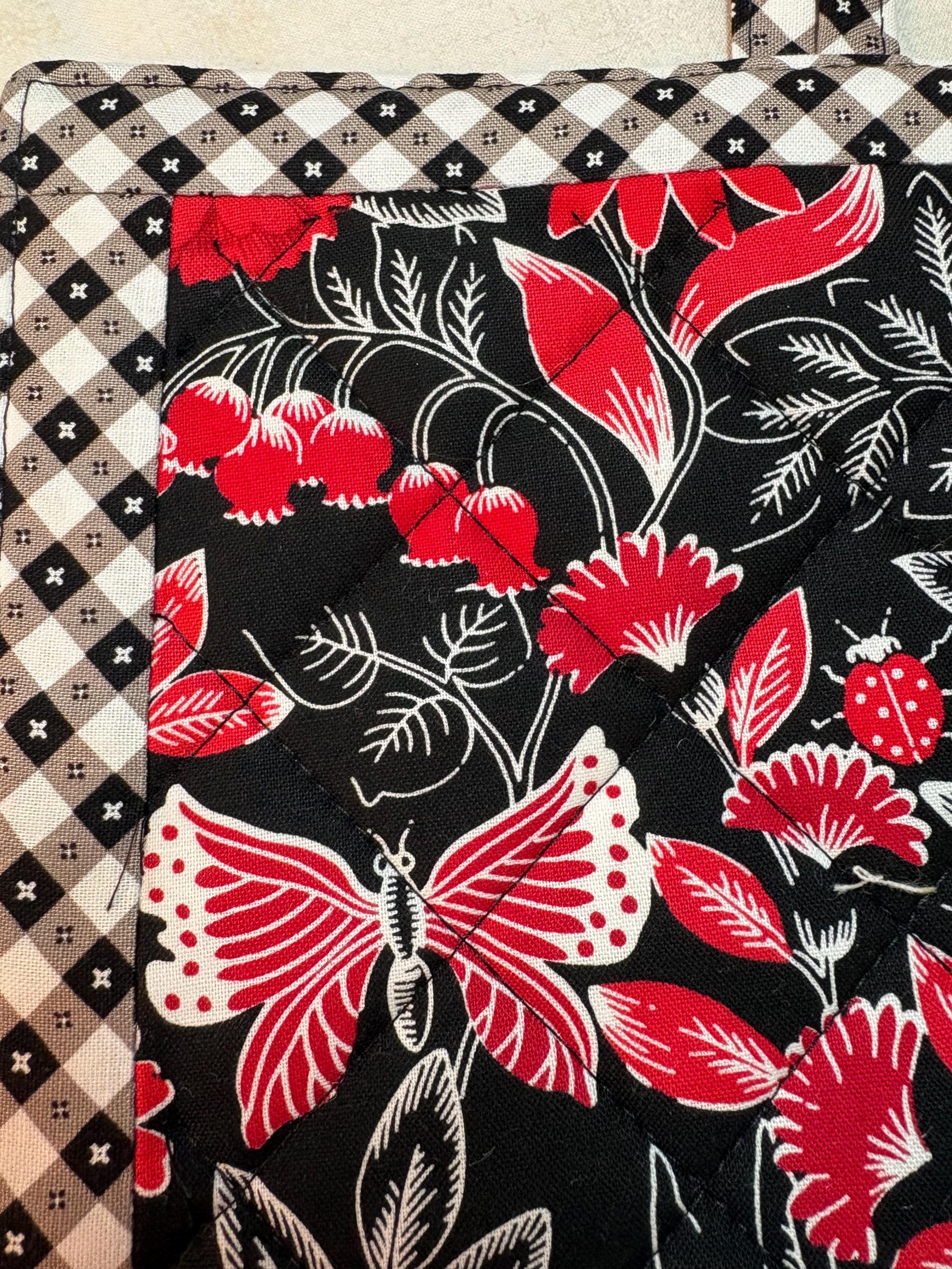 Large Single butterfly gingham red white black potholder, 8.75” homemade quilted view 4