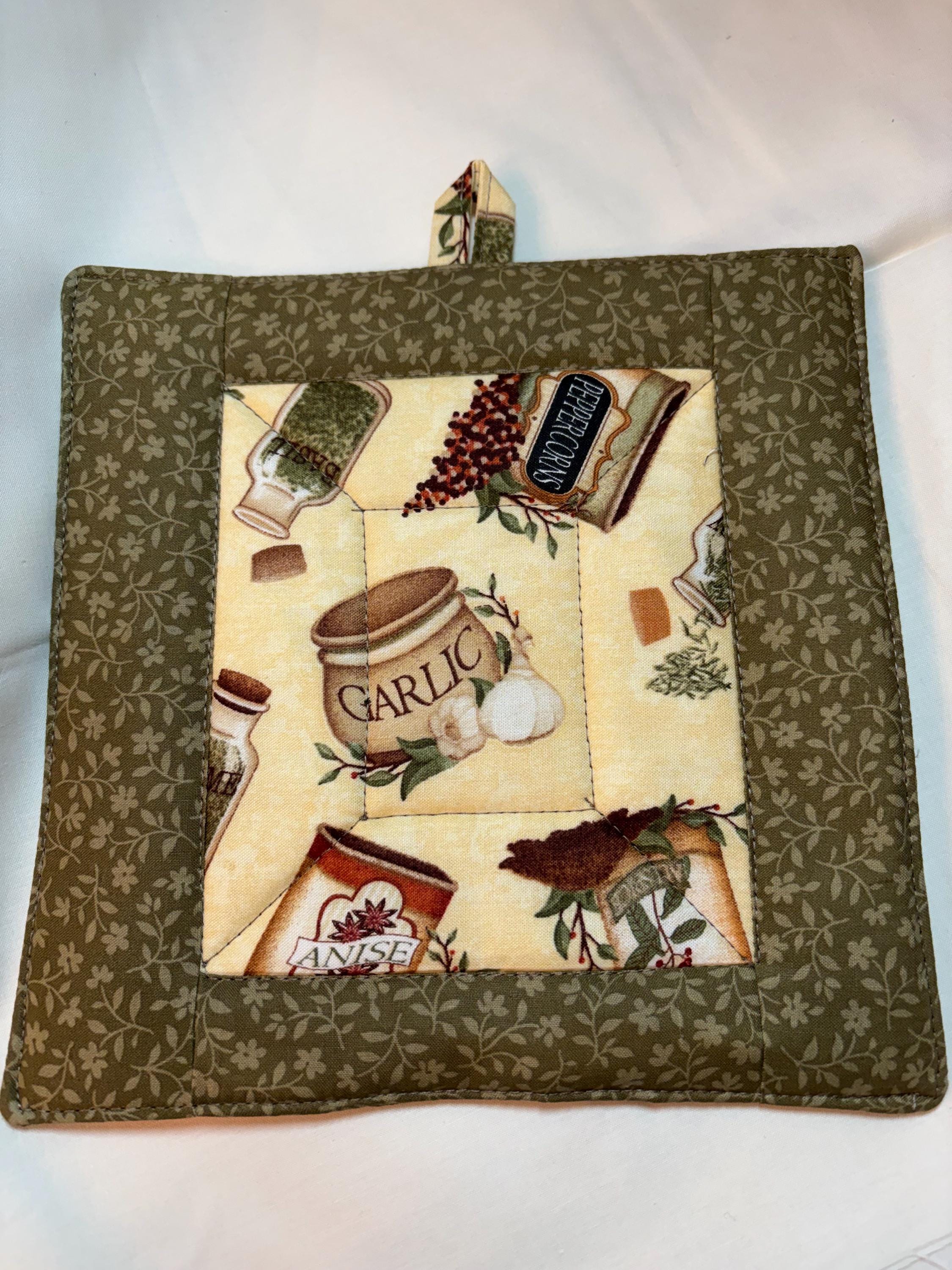 Large Single herb potholder, 8.5” homemade quilted