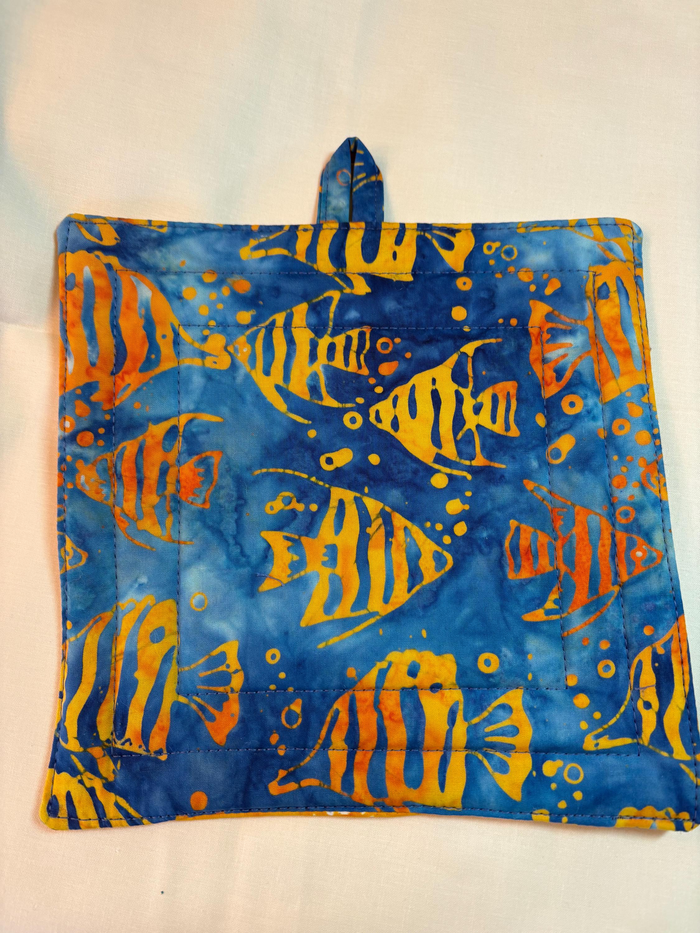 Pair batik tropical fish potholders, 8.25” homemade quilted Father’s Day gift
