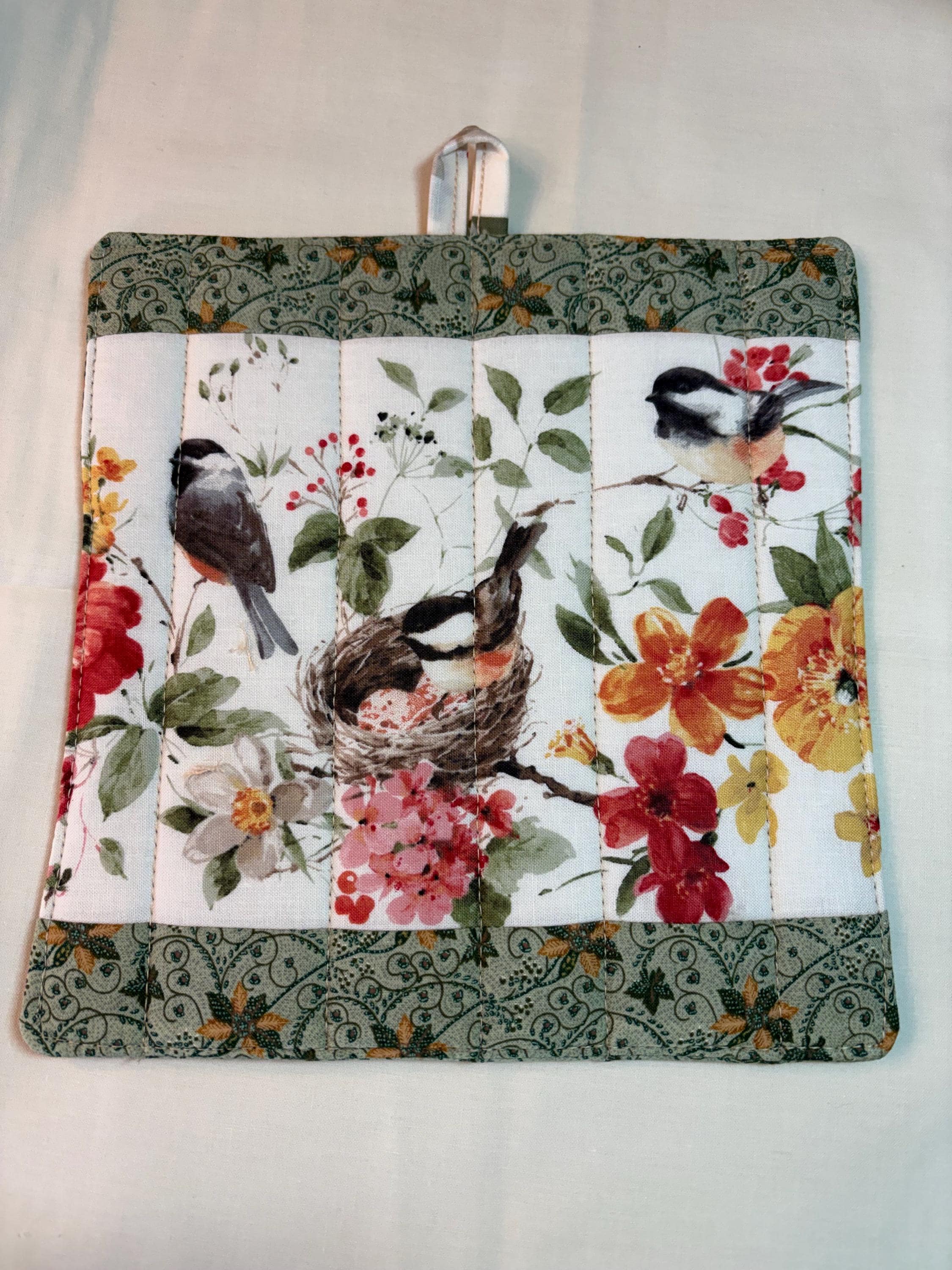 Single Chickadee Bird potholder, 8.25” homemade quilted