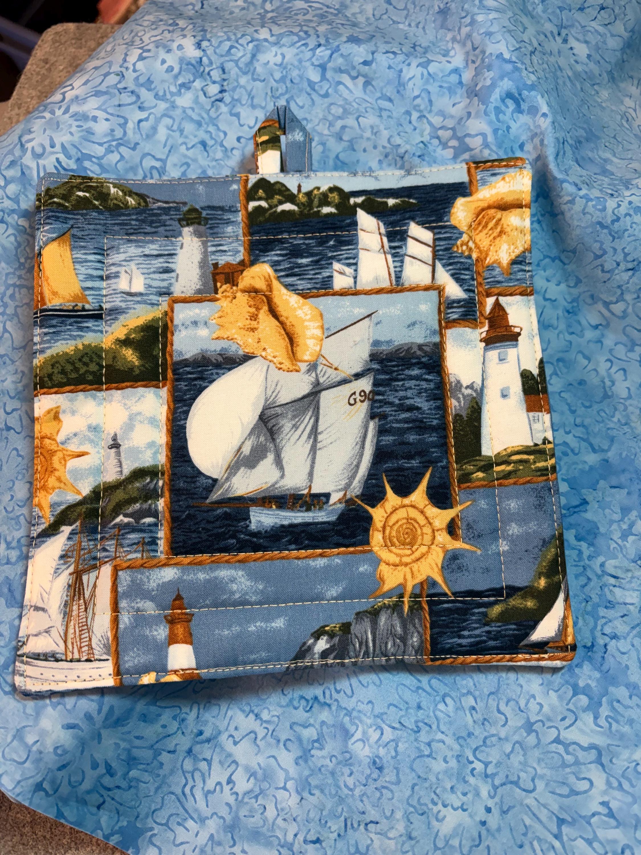 Pair lighthouse beach potholders, 8.25” homemade quilted gift