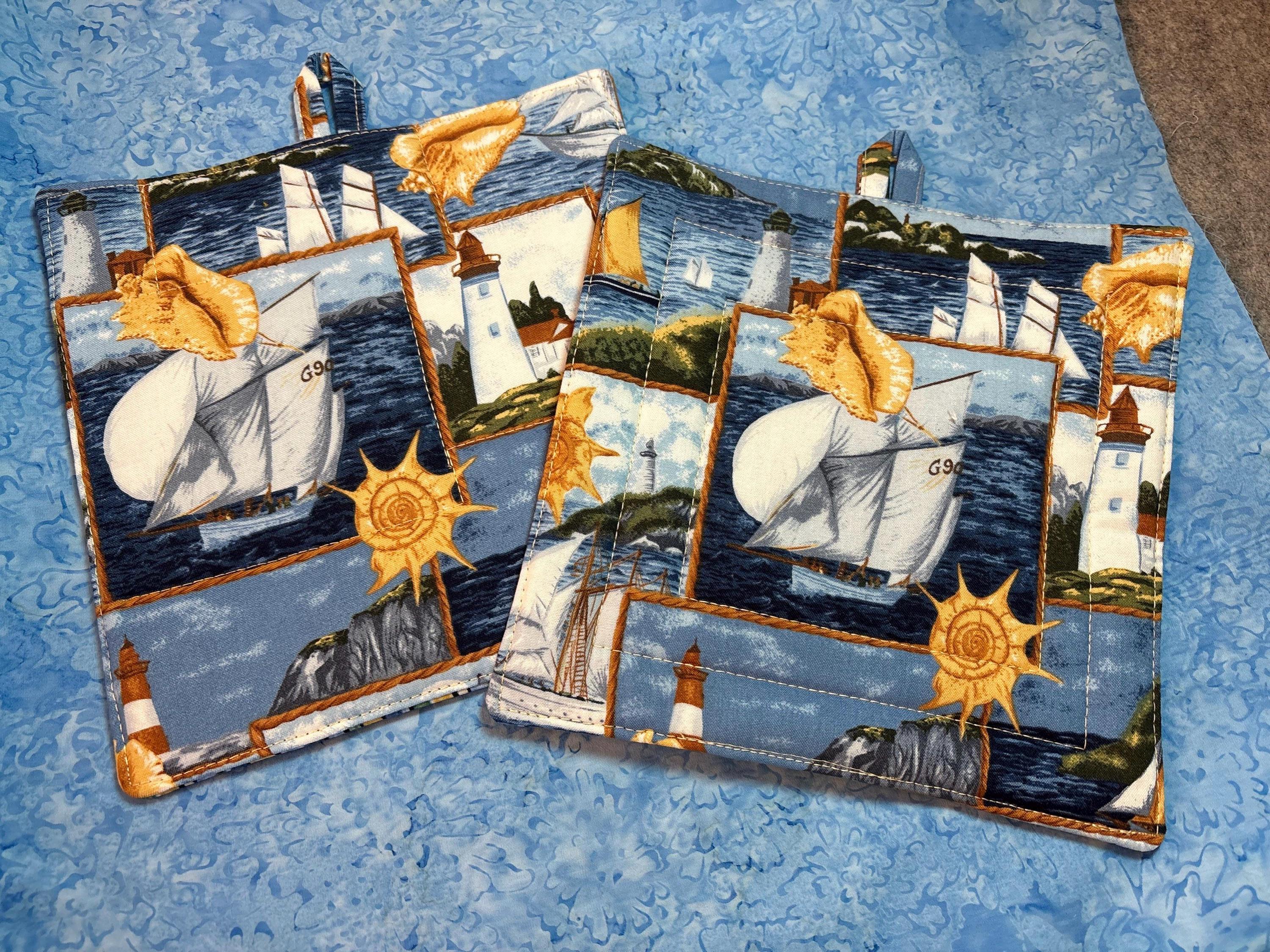 Pair lighthouse beach potholders, 8.25” homemade quilted gift view 3
