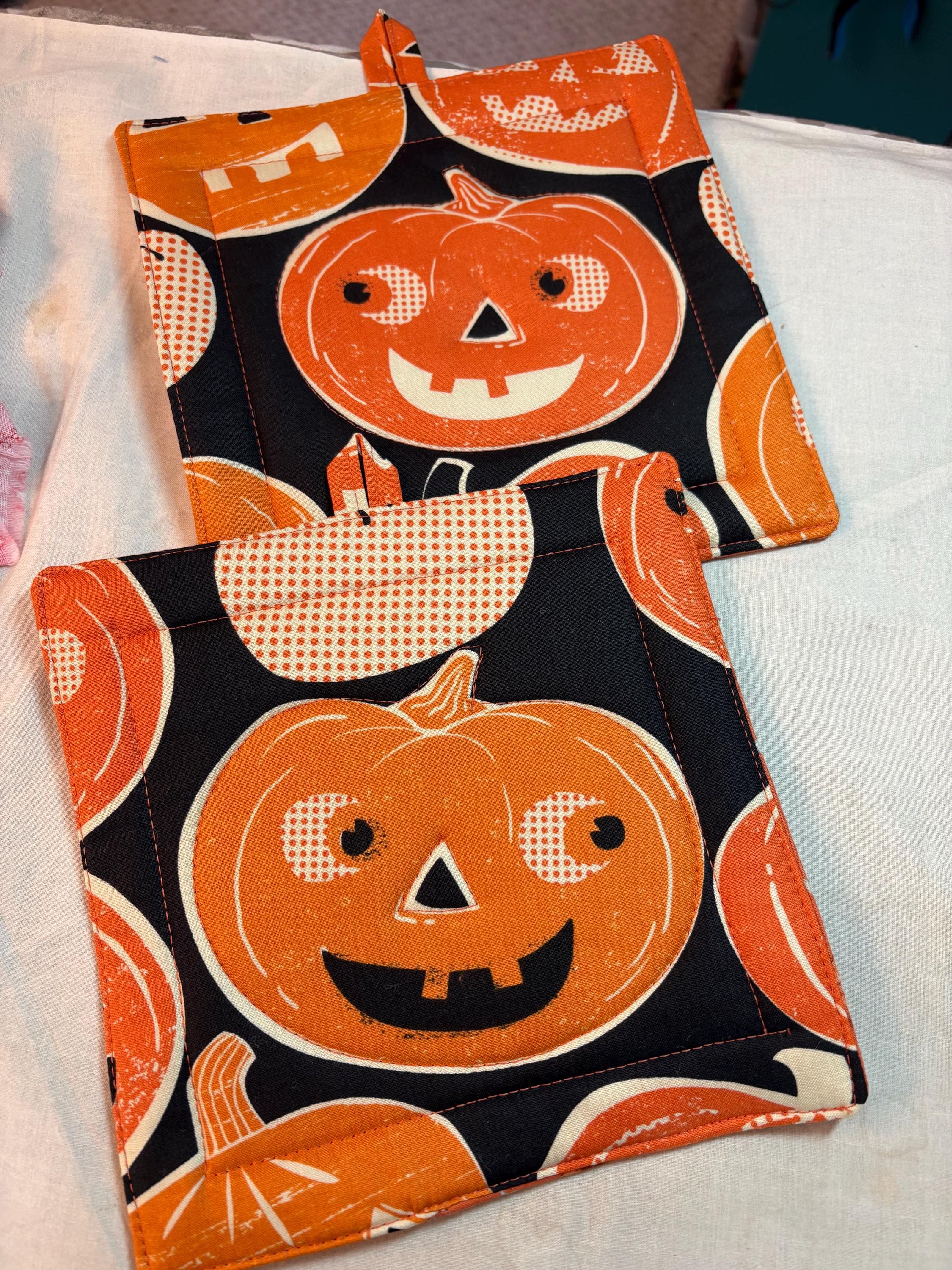 Kitchen chef foodie gift pair Halloween pumpkin potholder, 8.25” homemade quilted