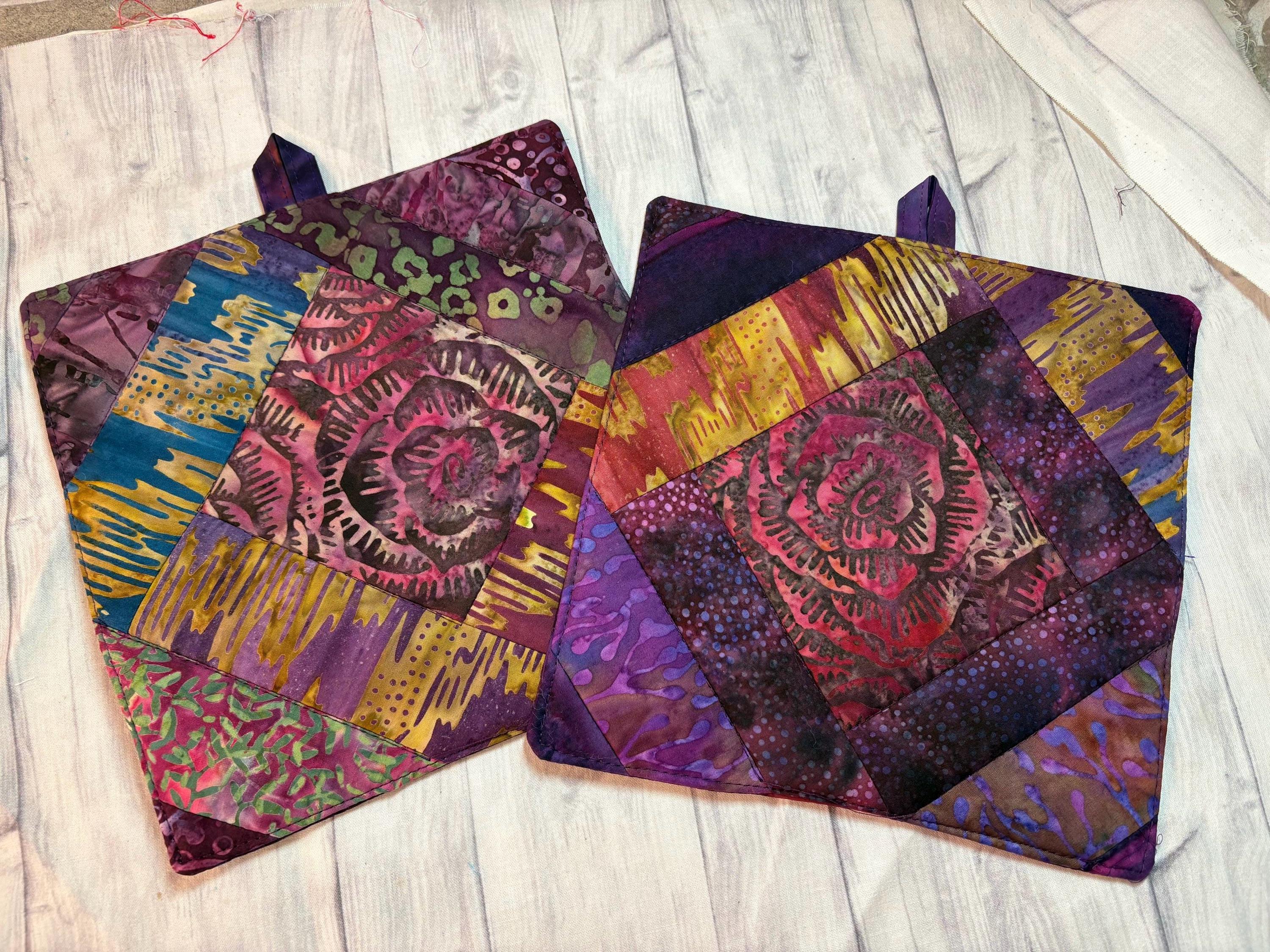 Pair of Scrappy purple Batik potholders rose center, 8” homemade quilted view 2