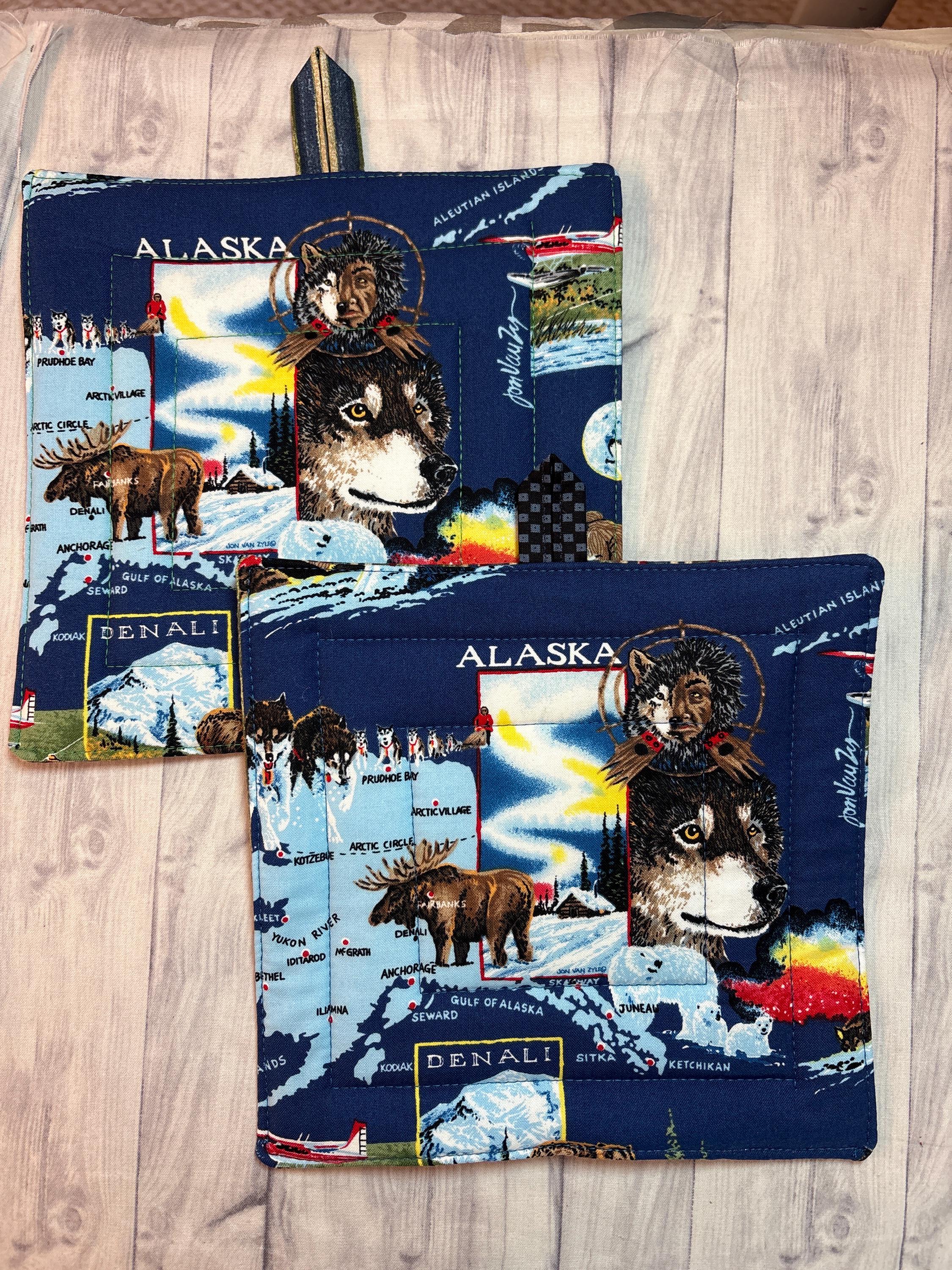 Pair (2) Alaska Denali theme potholders 8.25” homemade quilted gift