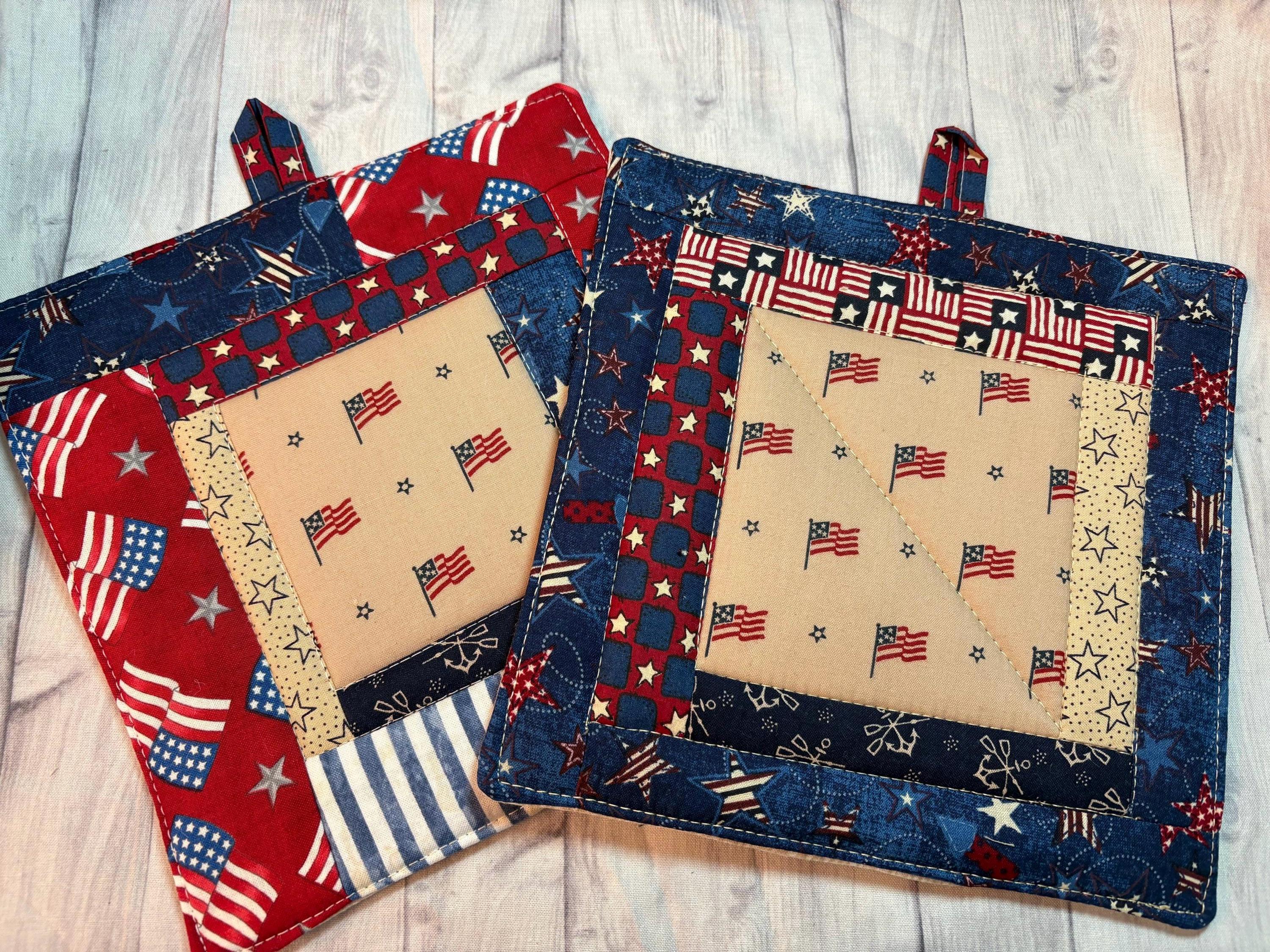 Patriotic fabric Scrappy potholders, 8” homemade quilted Pair (2)
