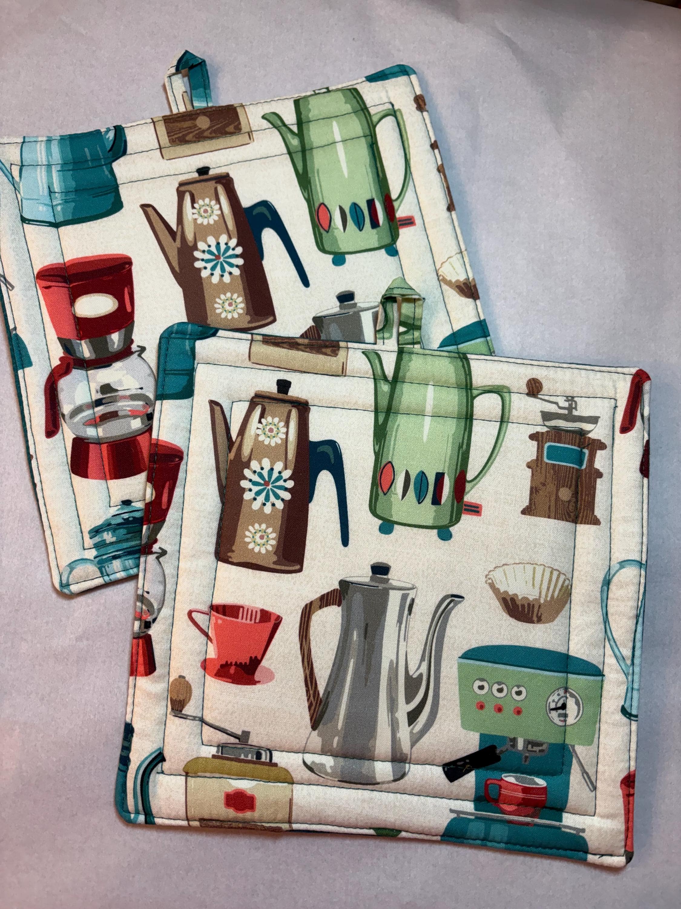 Pair of Retro coffee potholders, 8” homemade quilted gift