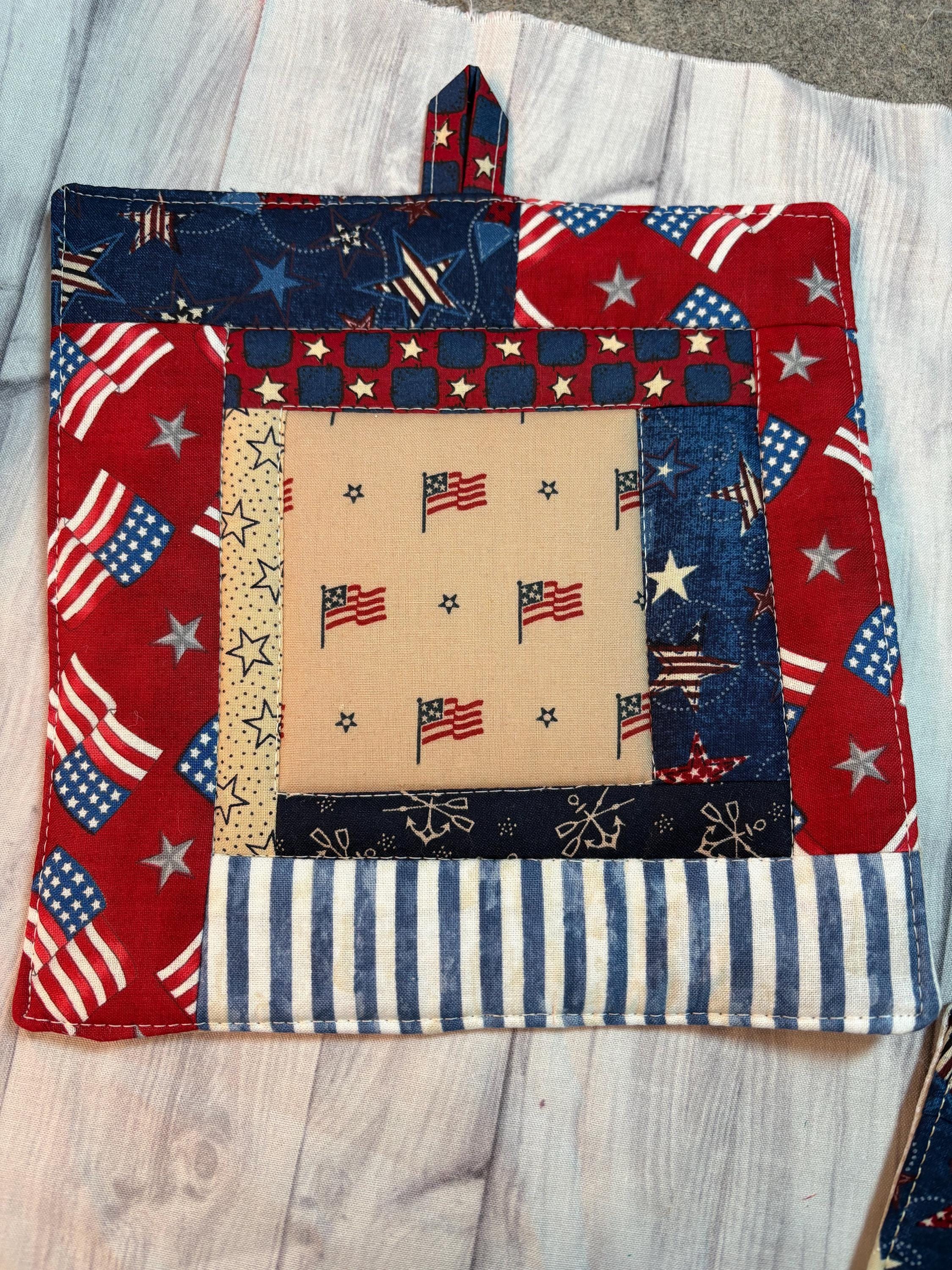 Patriotic fabric Scrappy potholders, 8” homemade quilted Pair (2) view 2