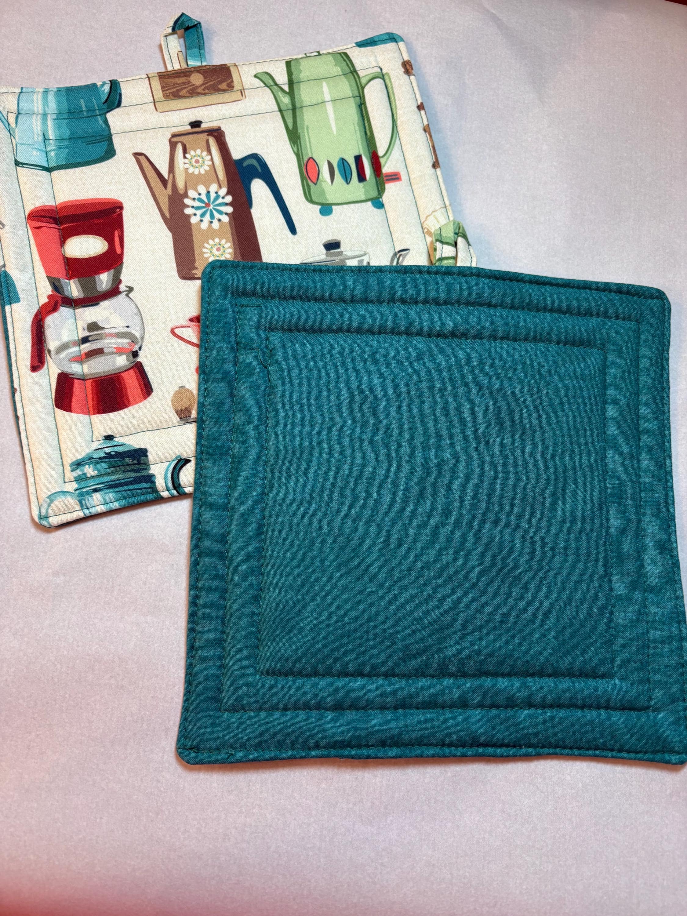 Pair of Retro coffee potholders, 8” homemade quilted gift view 2