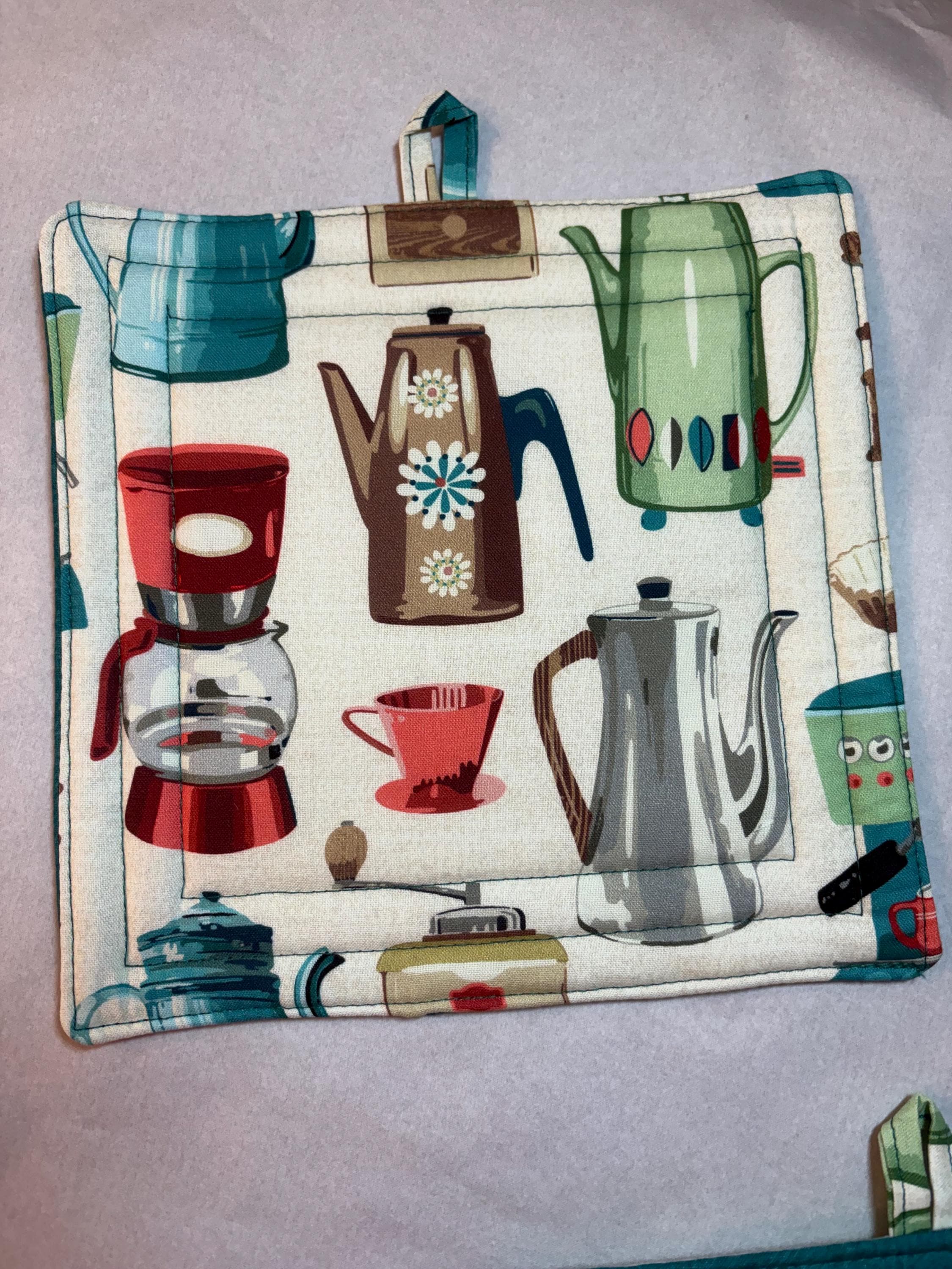 Pair of Retro coffee potholders, 8” homemade quilted gift view 3