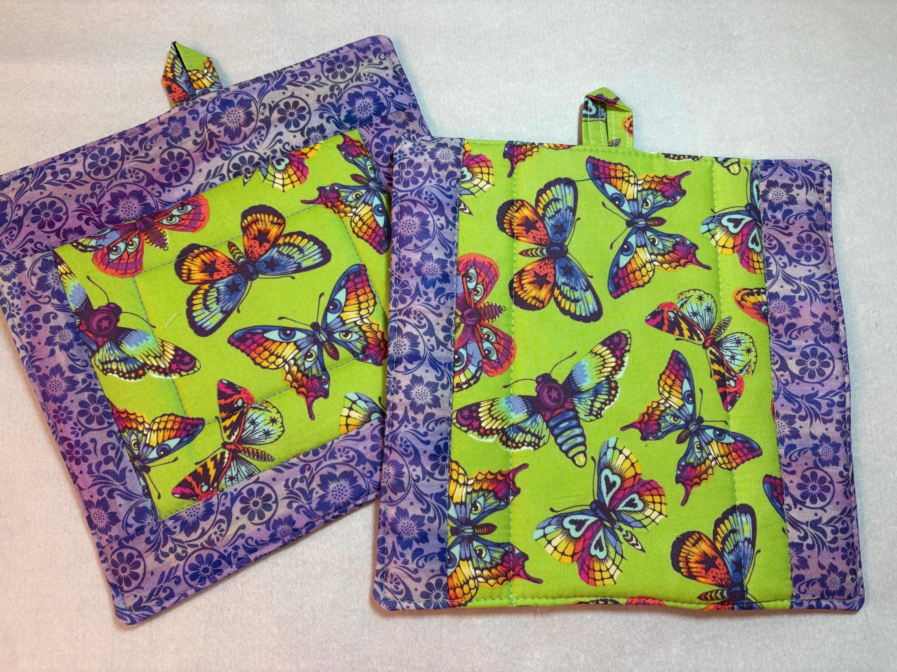 Pair butterfly potholders 8.25” homemade quilted gift