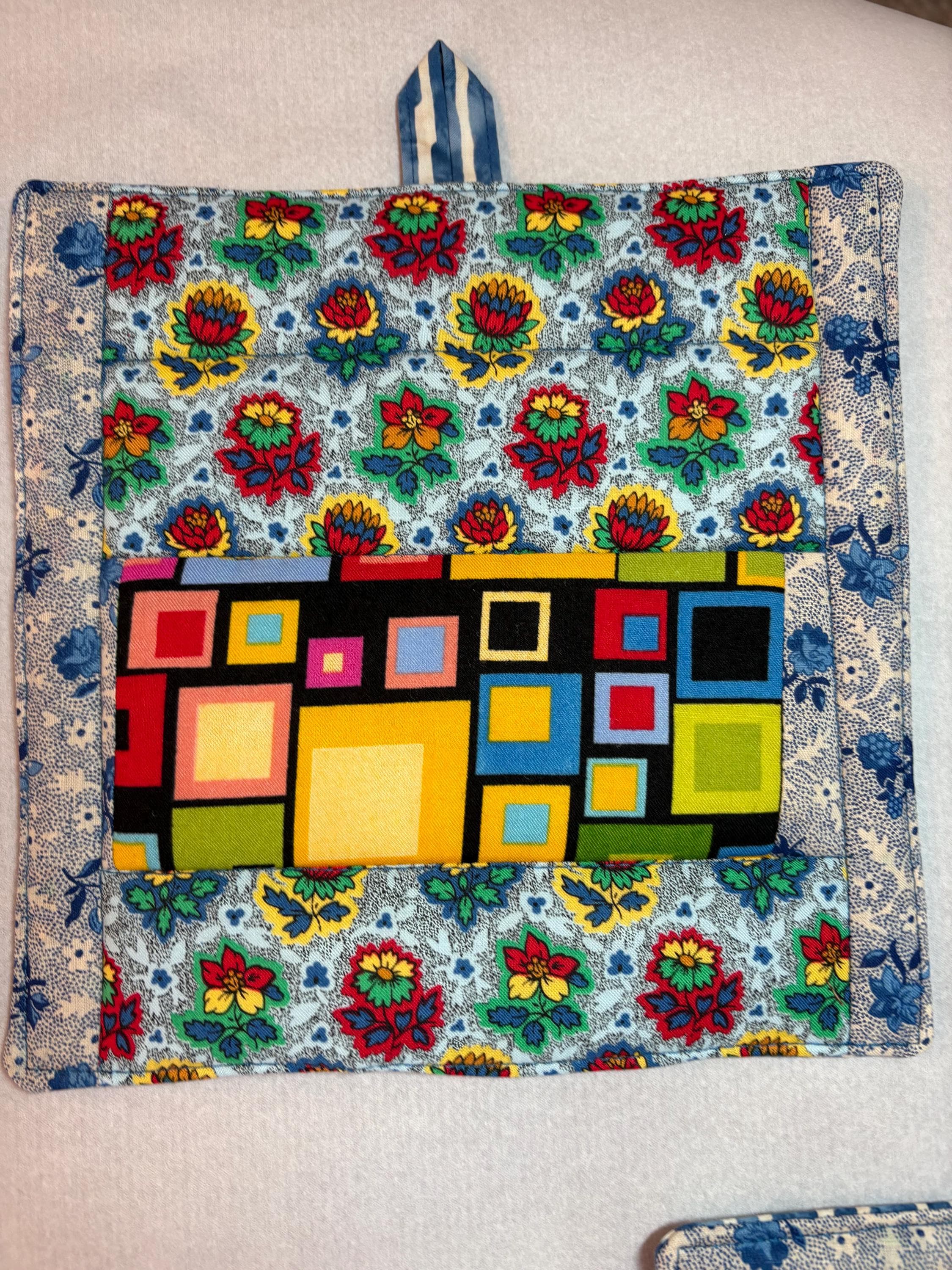 Pair modern meets vintage potholders, 8.25” homemade quilted gift