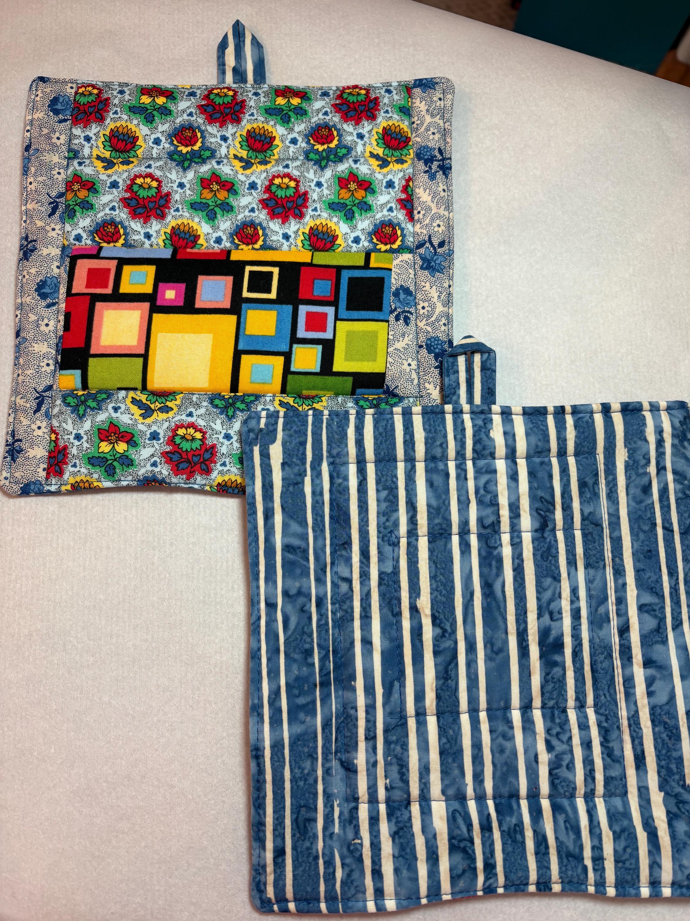 Pair modern meets vintage potholders, 8.25” homemade quilted gift view 3