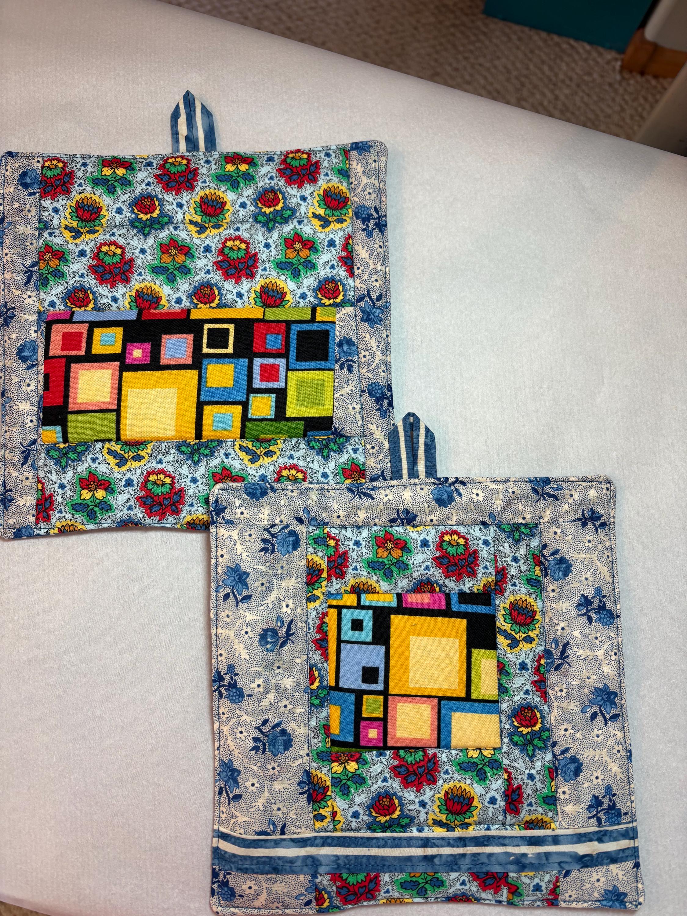 Pair modern meets vintage potholders, 8.25” homemade quilted gift view 4