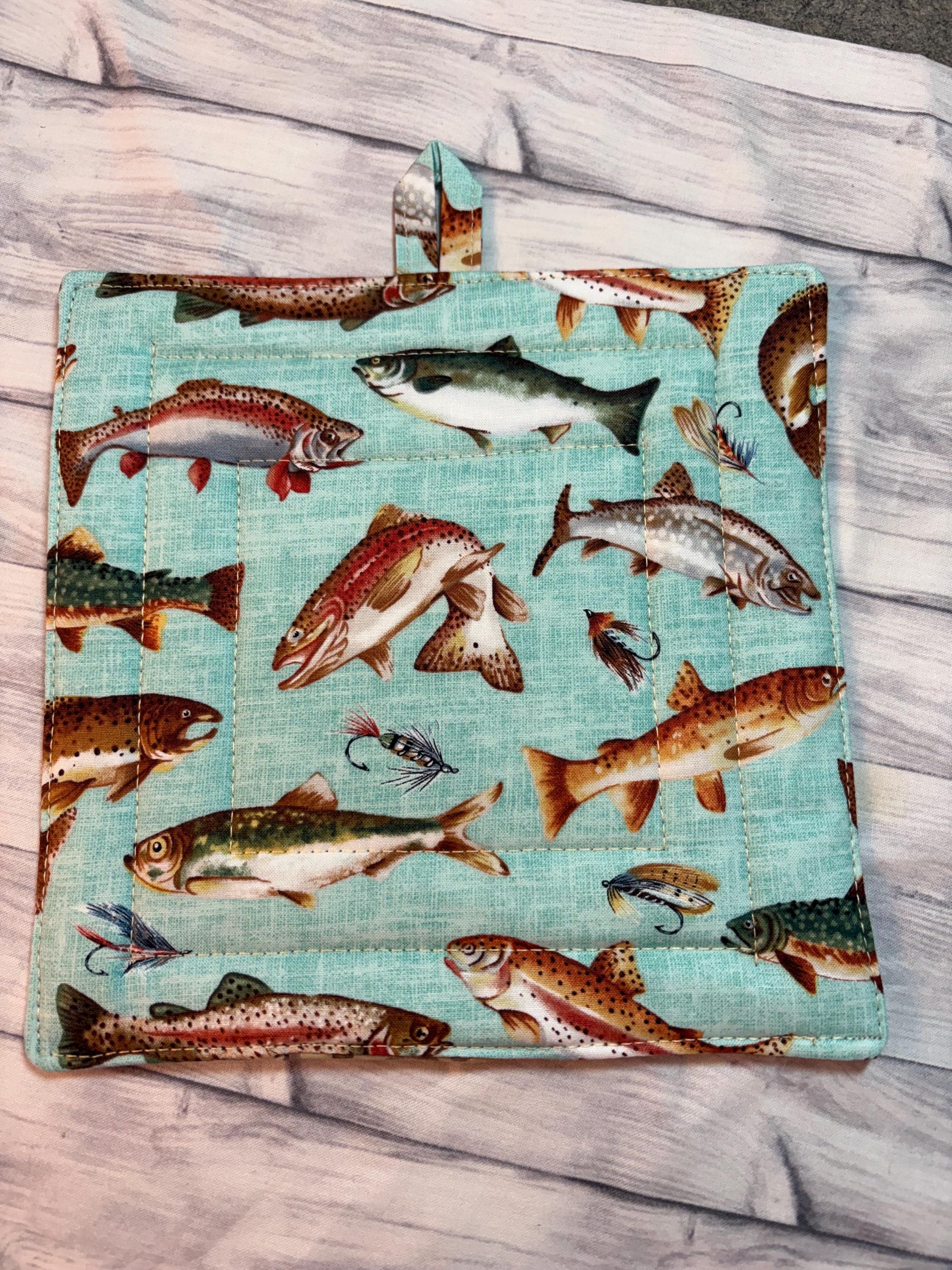 Pair fish potholder, 8” homemade quilted Father’s Day gift view 2