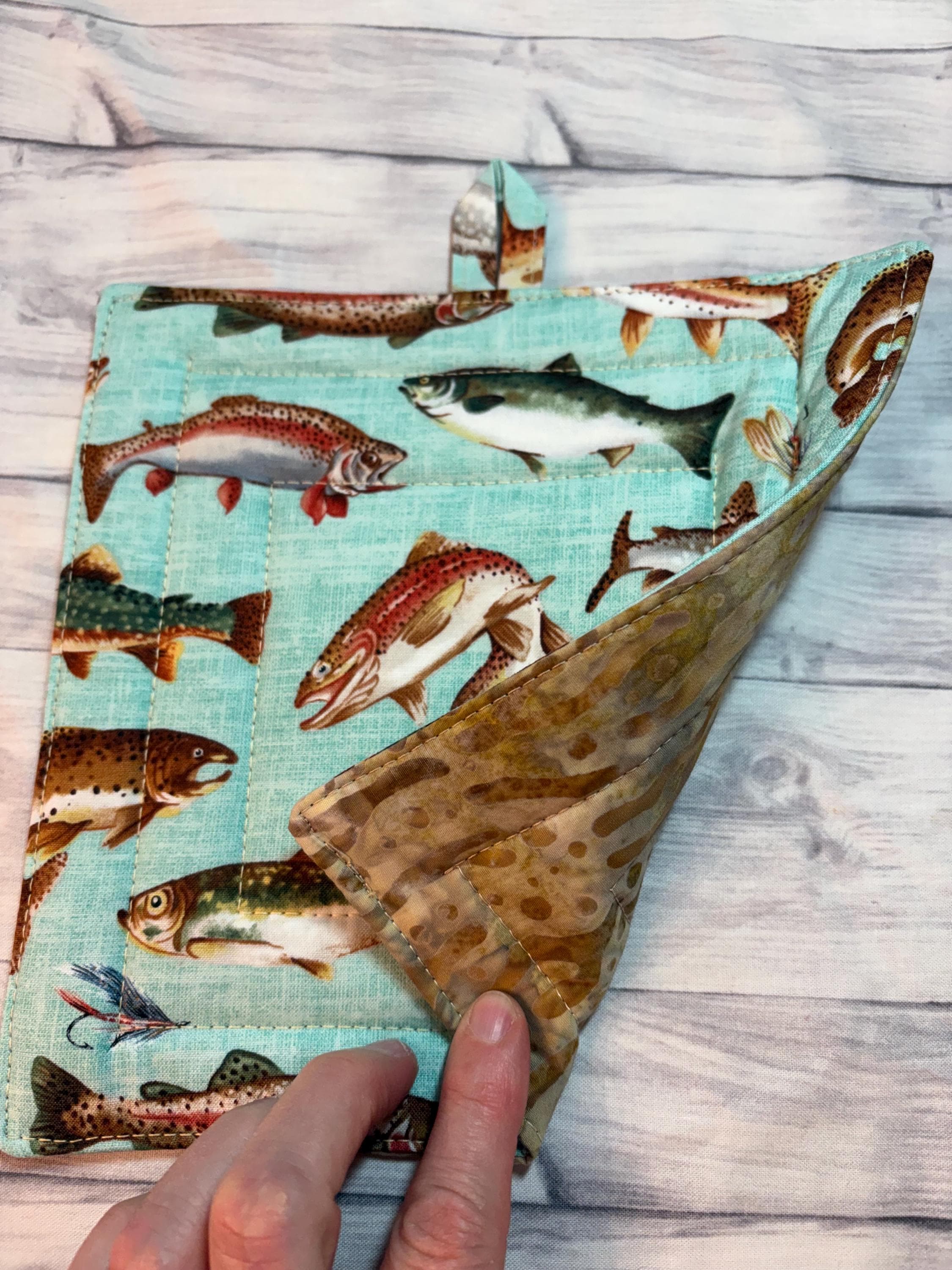 Pair fish potholder, 8” homemade quilted Father’s Day gift view 3