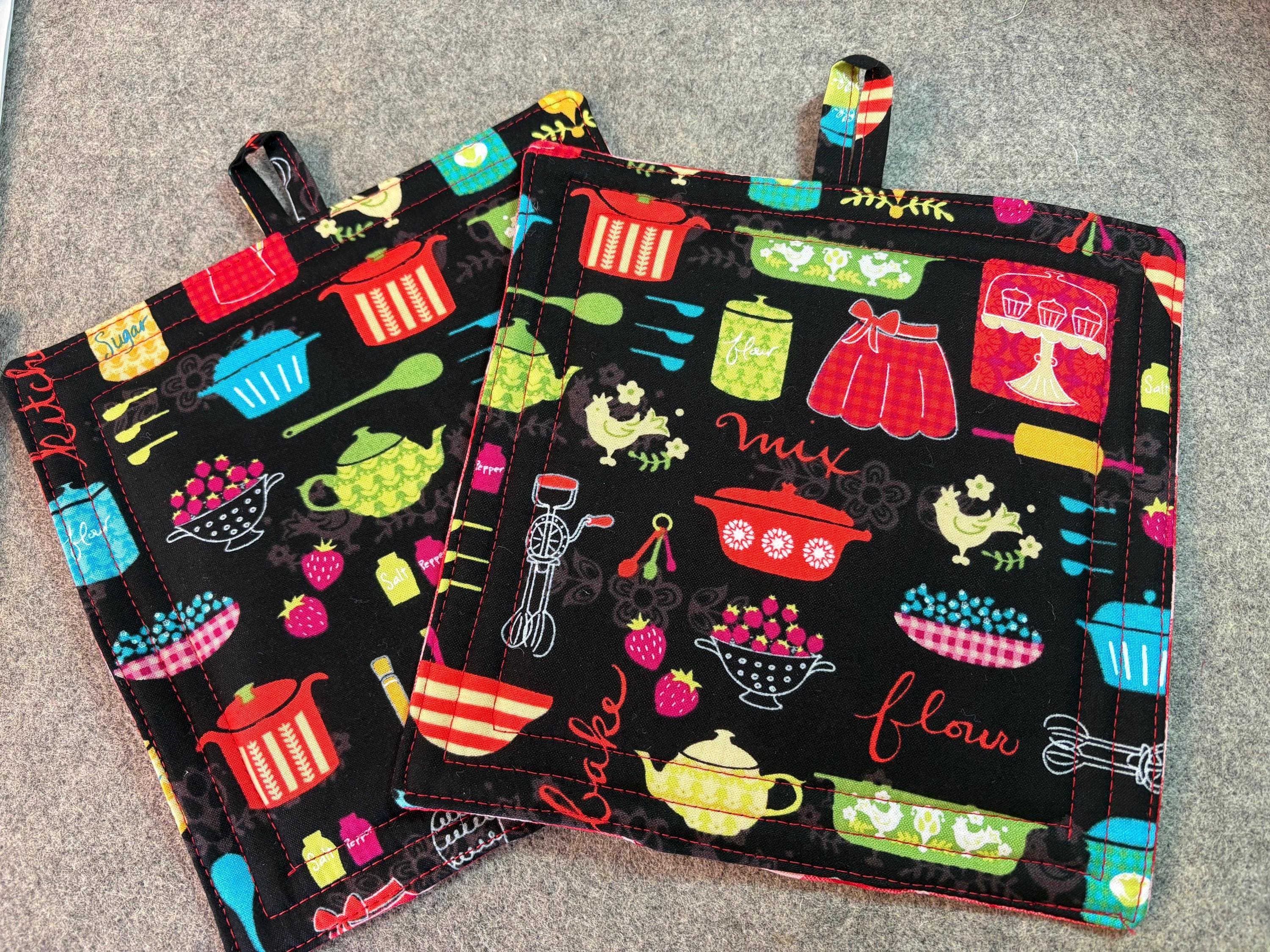 Pair of Retro kitchen potholders, 8” homemade quilted