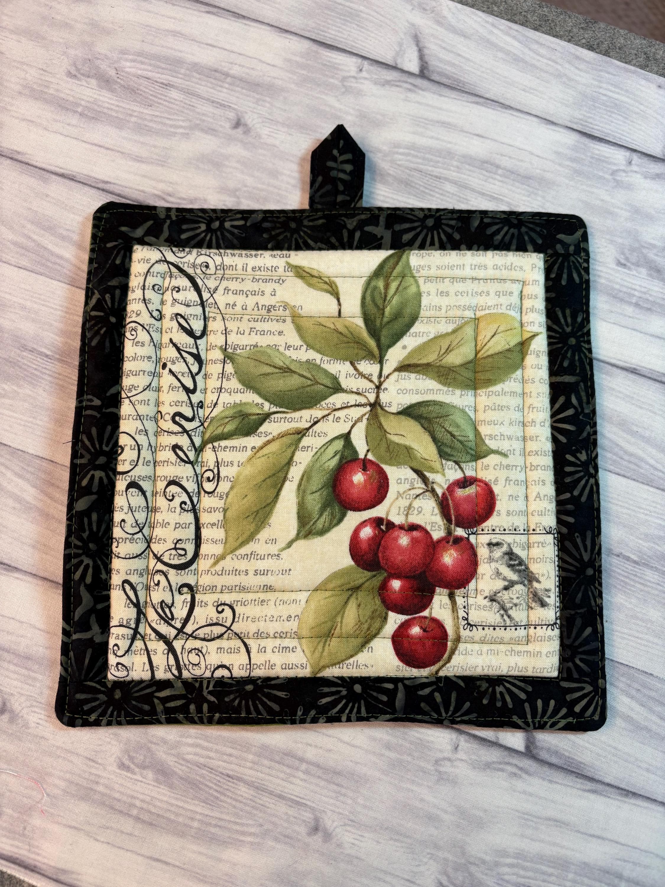 Single French Country fruit cherry Vintage style potholder, 8.25” homemade quilted
