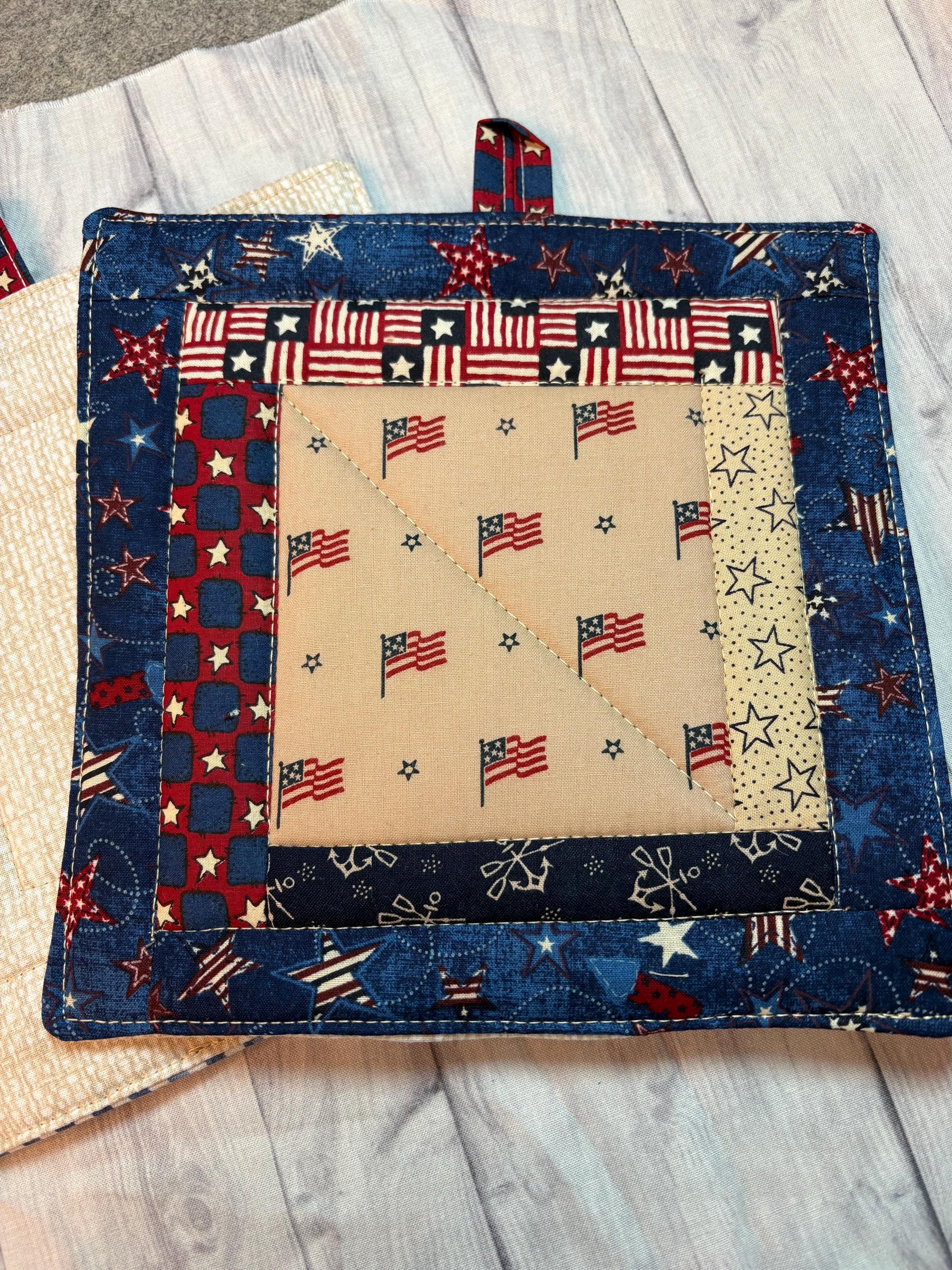 Patriotic fabric Scrappy potholders, 8” homemade quilted Pair (2) view 4