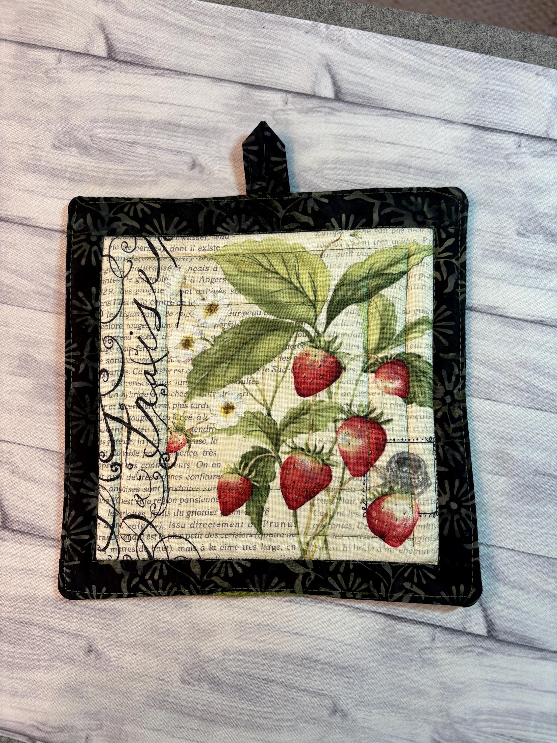 Single French Country fruit cherry Vintage style potholder, 8.25” homemade quilted view 3