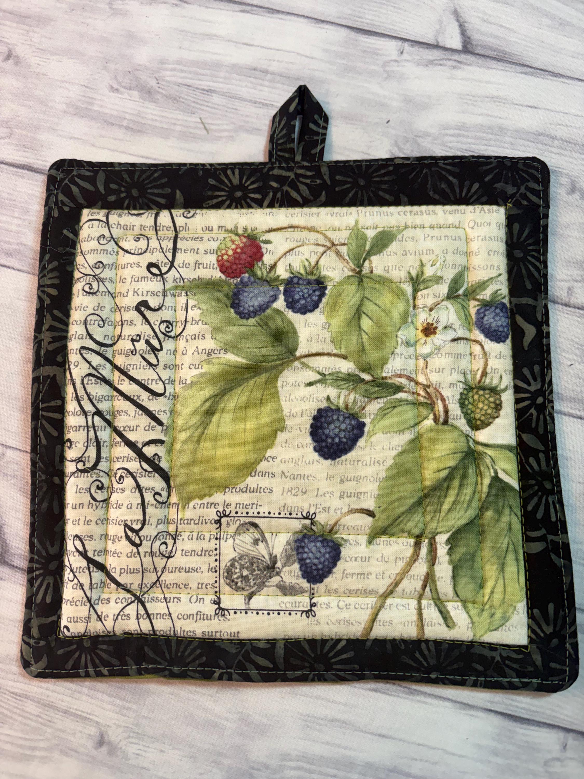 Single French Country fruit cherry Vintage style potholder, 8.25” homemade quilted view 5