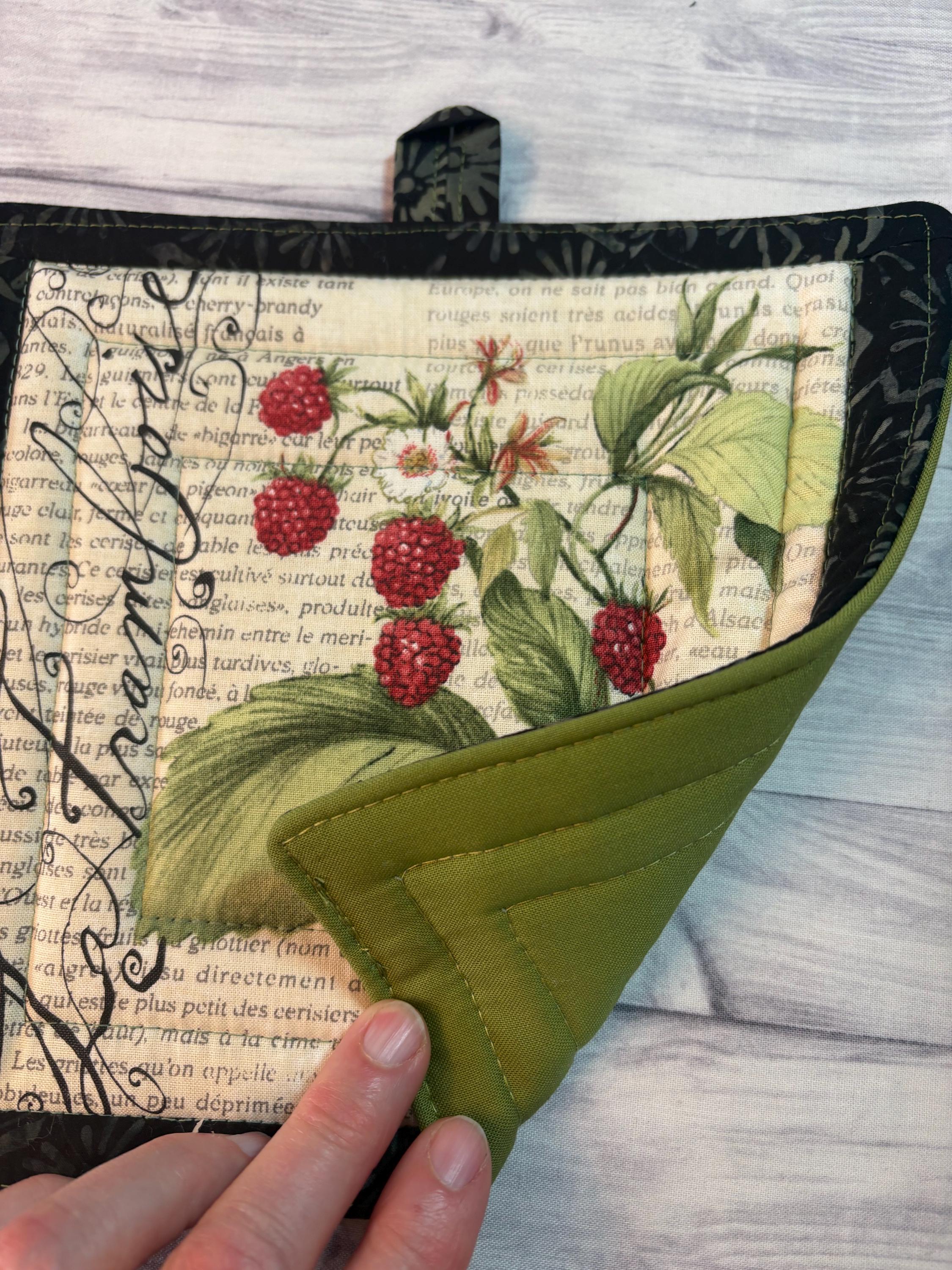 Single French Country fruit cherry Vintage style potholder, 8.25” homemade quilted view 7