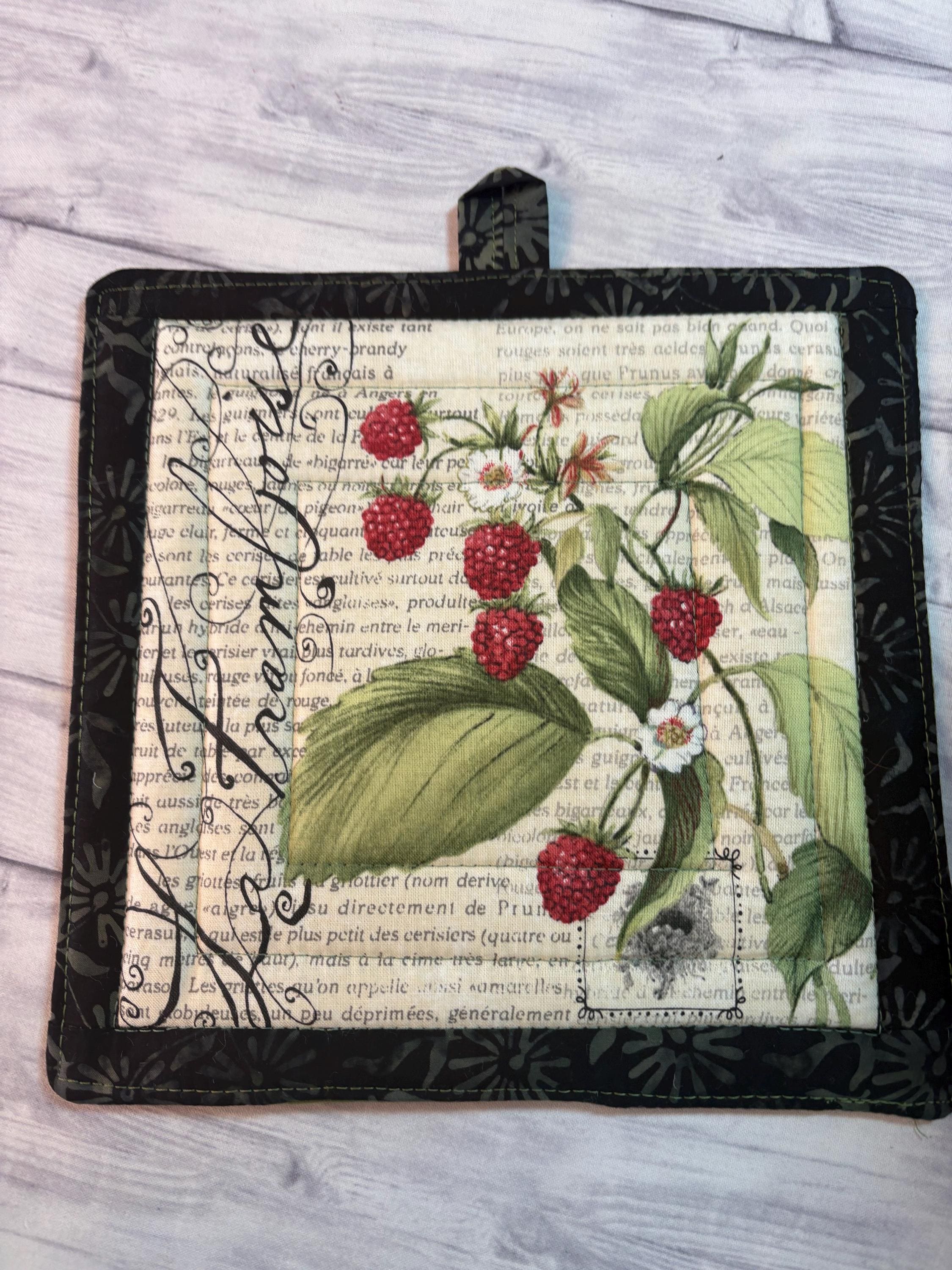Single French Country fruit cherry Vintage style potholder, 8.25” homemade quilted view 8