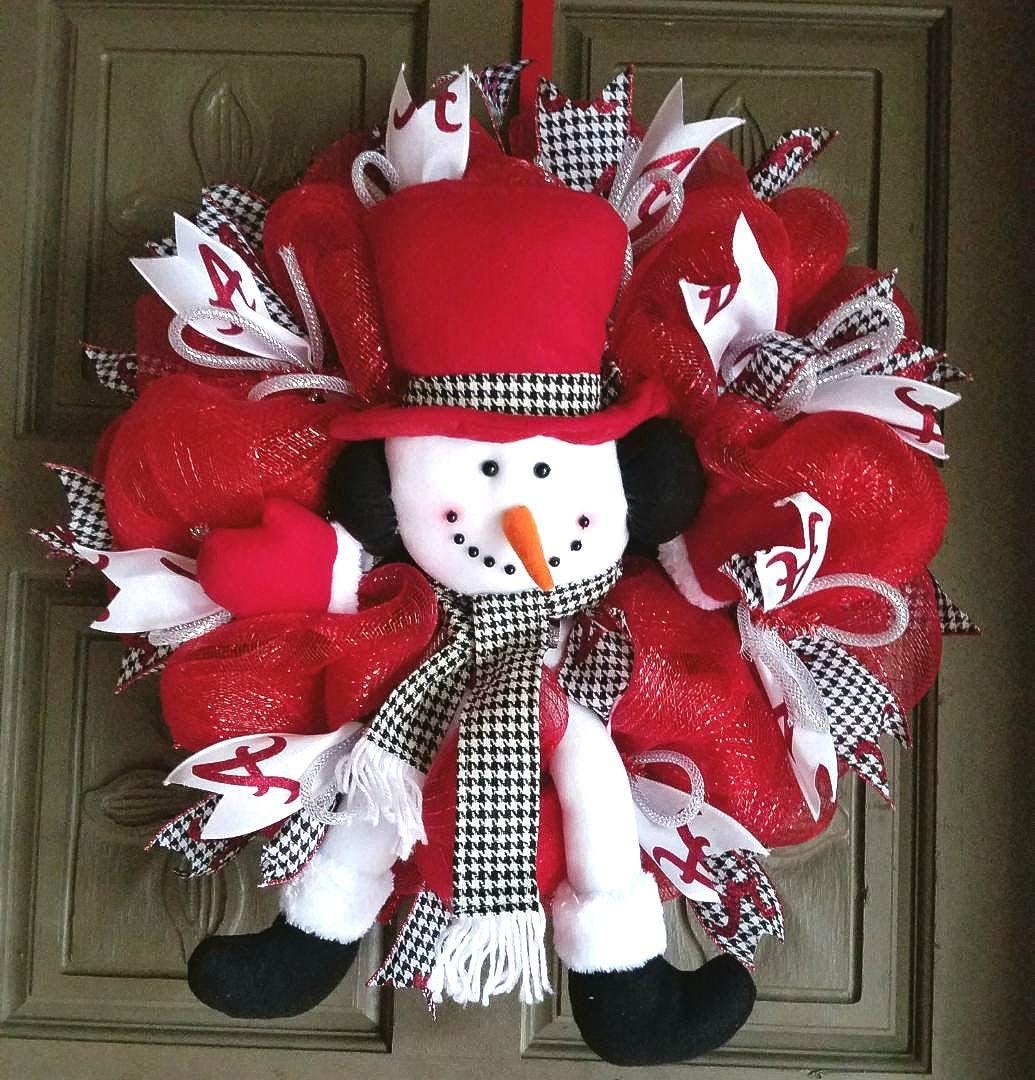 Alabama Crimson Tide Christmas Wreath: Houndstooth Snowman, Handmade Deco Mesh, view 2