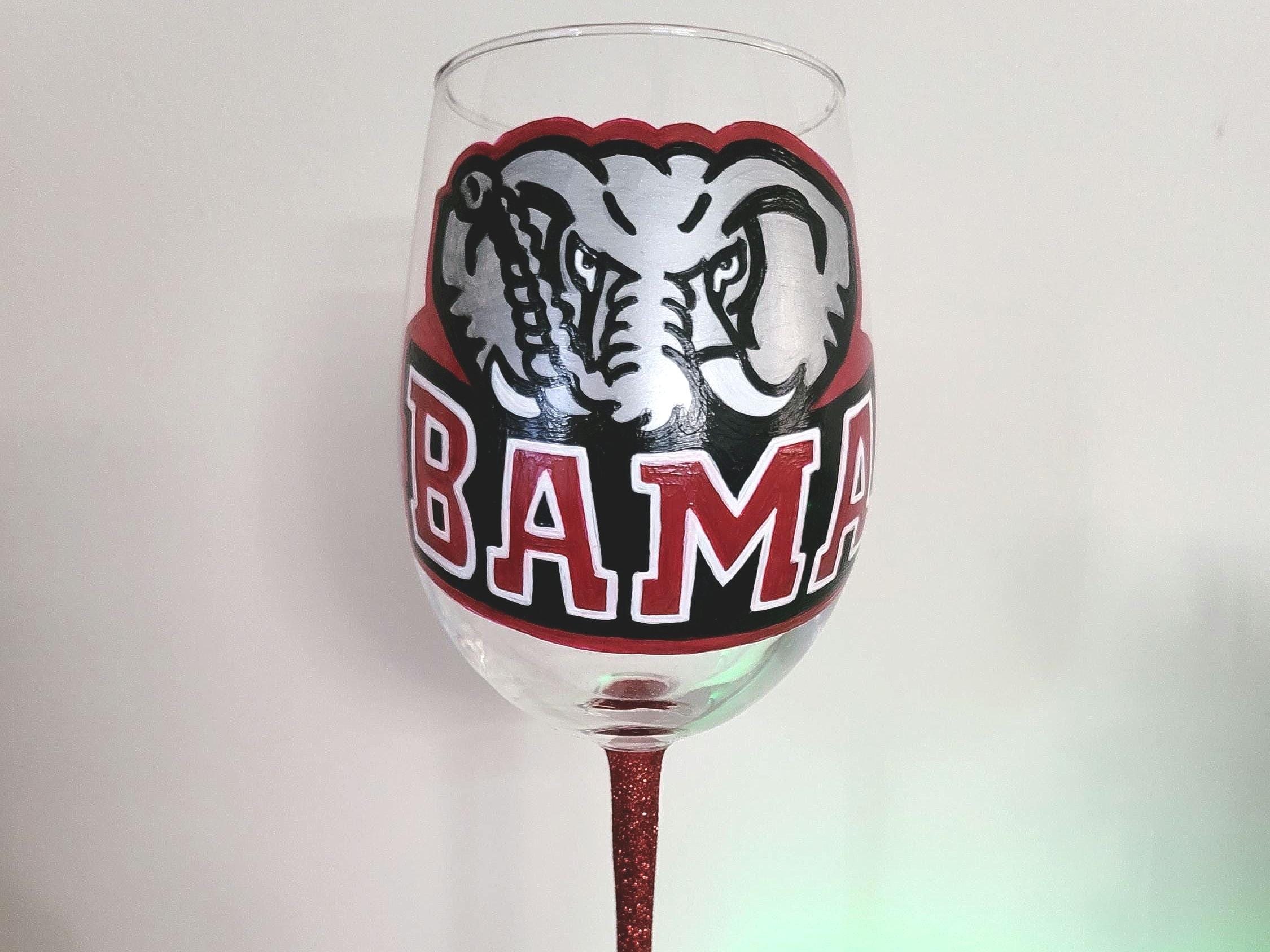 Alabama Crimson Tide Wine Glass, Hand Painted Glitter Stem