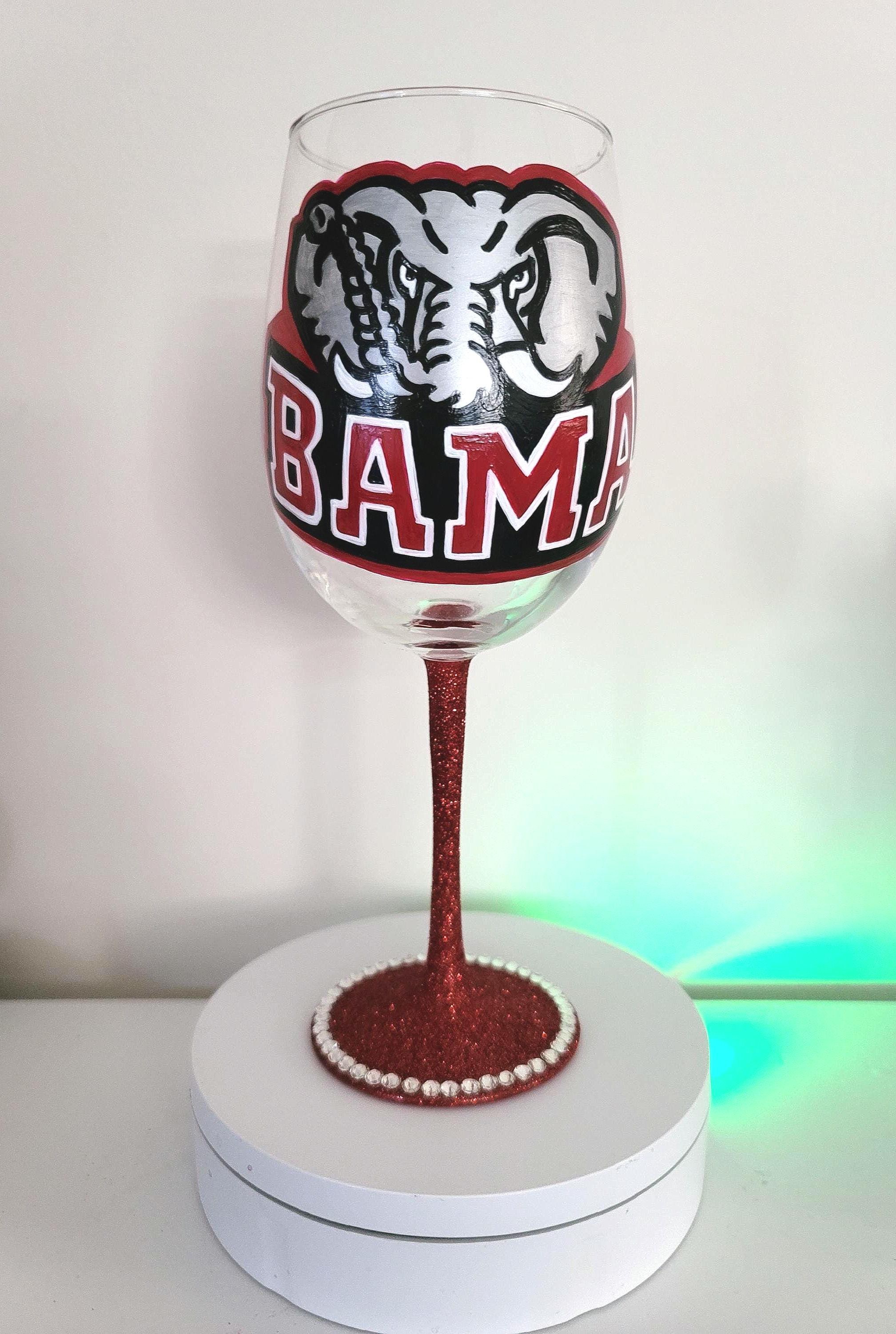 Alabama Crimson Tide Wine Glass, Hand Painted Glitter Stem, view 2